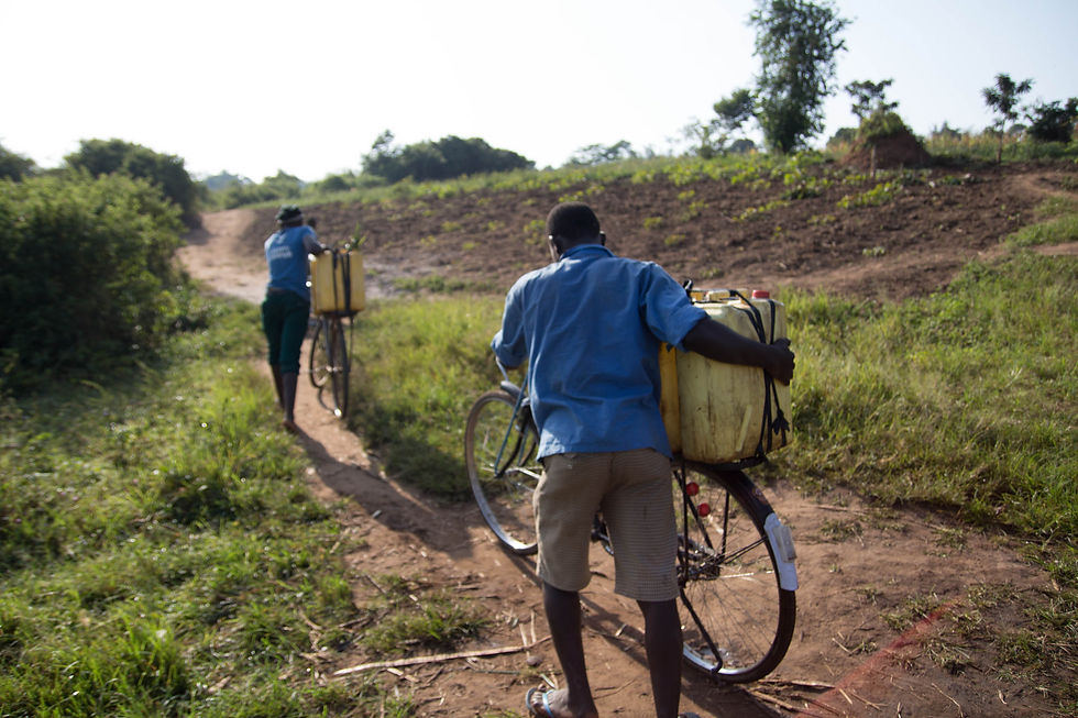 Jerry cans are a common Ugandan container for collecting and carrying water from wells to homes that have no water supply. Jerry cans hold five gallons of water and weigh over 40 lbs. Most men in Uganda carry two cans at a time, or use a bicycle to …