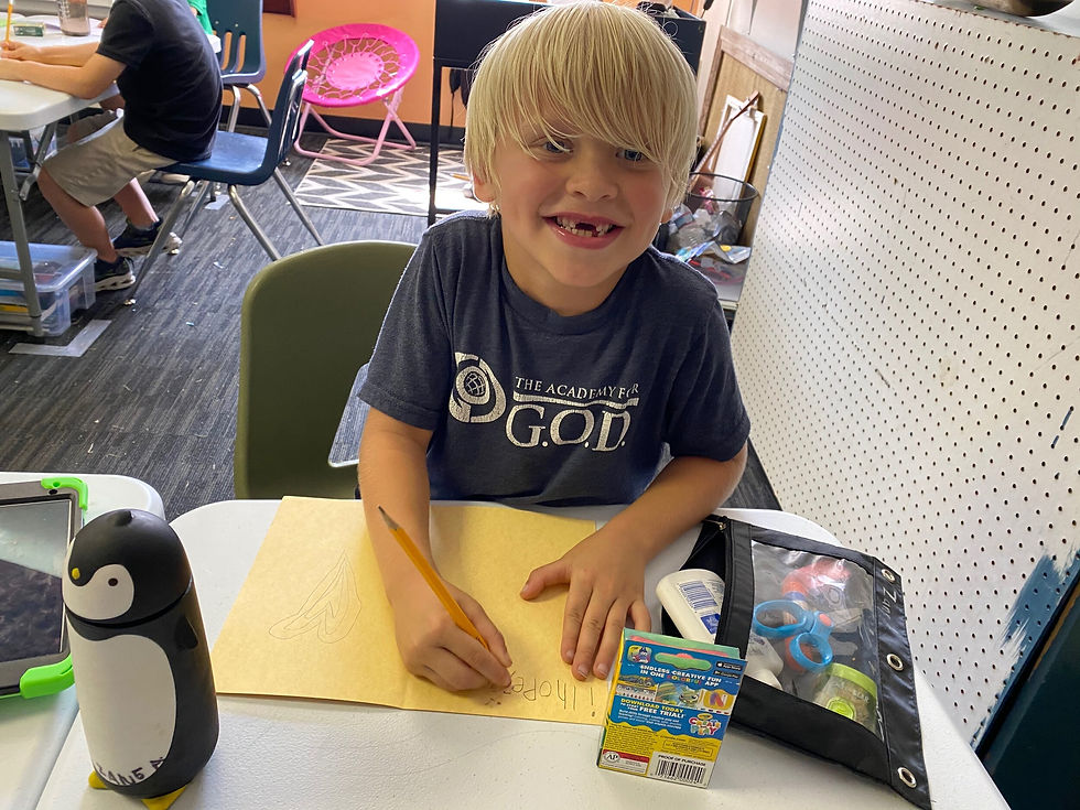 Students at the Academy for G.O.D. made cards for residents at a senior citizen apartment complex. Each week, a different elementary class takes time to send a special message. They learn how children their age can show love to elderly neighbors. A…