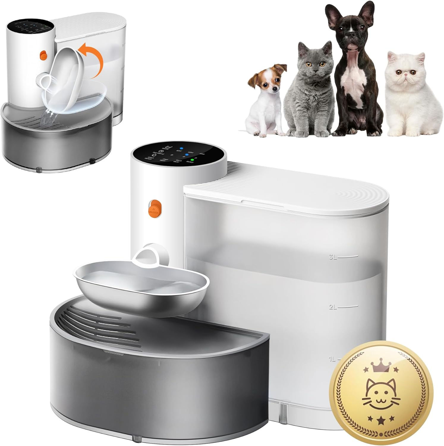 Potaroma Smart Wireless Pet Water Fountain, Stainless Steel Bowl, No Filter, 3.