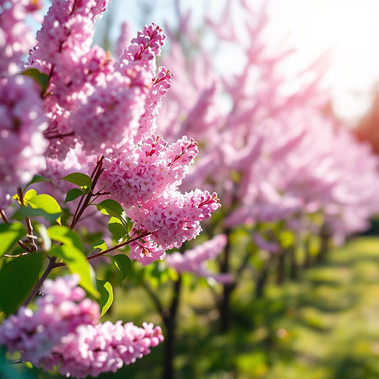 a grove of lilac trees blossoming in the spring sun with a bokeh effect and evoking the fe