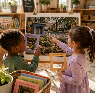 Two preschoolers use Story Windows to closely observe a neighborhood picture, sharing ideas and discovering how different perspectives can inspire unique stories.
