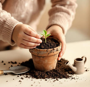 Child planting a small seedling in soil using hands and tools, exploring planting and care through a hands-on nature activity