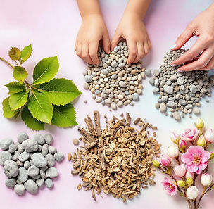Close-up of a child and adult sorting natural materials into groups, including rocks, sticks, leaves, and wood pieces arranged in separate piles on a soft pastel background, demonstrating a hands-on nature classification activity for young children.