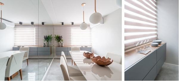 Persiana estilo double vision, que apresenta faixas alternadas, é outra opção interessante para uma boa luminosidade | Projeto da arquiteta Isabella Nalon | Fotos de Julia Herman