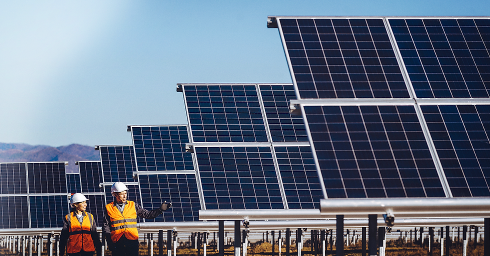Usina solar, com placas fotovoltaicas no chão e dois trabalhadores