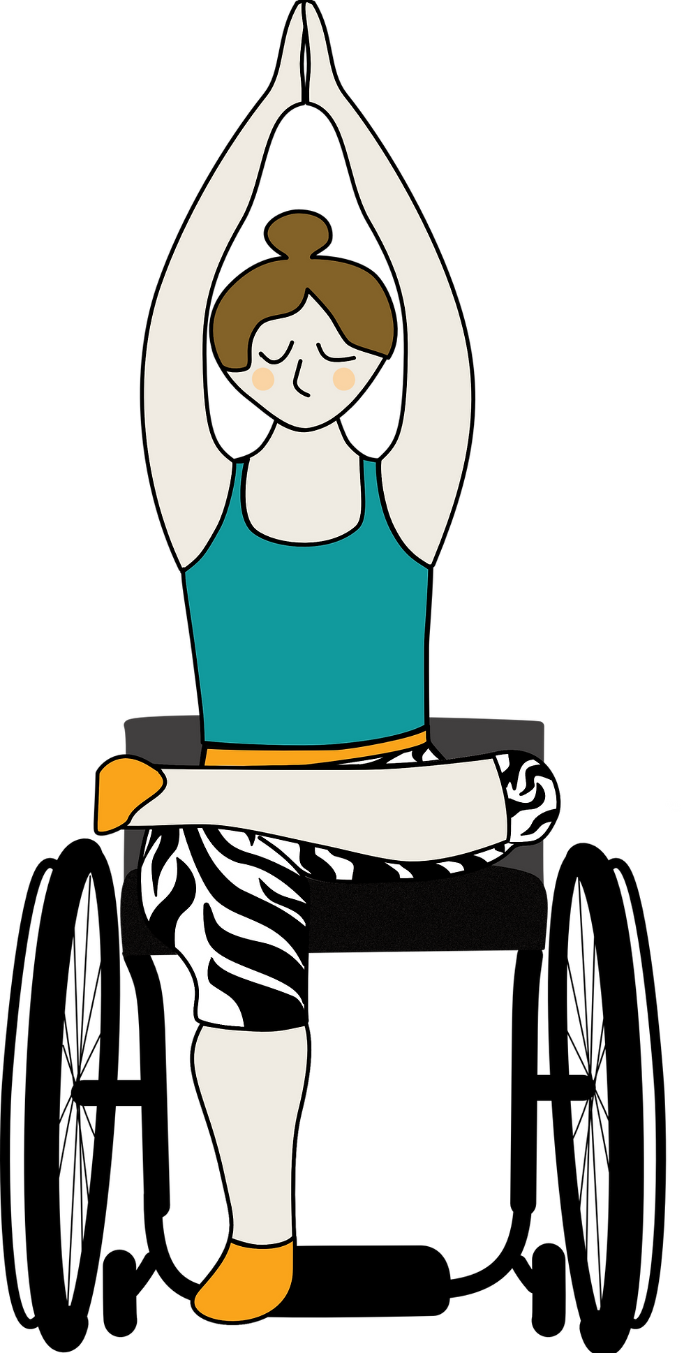 Image of a person in a wheelchair wearing a teal tanktop and zebra leggings performing the tree pose