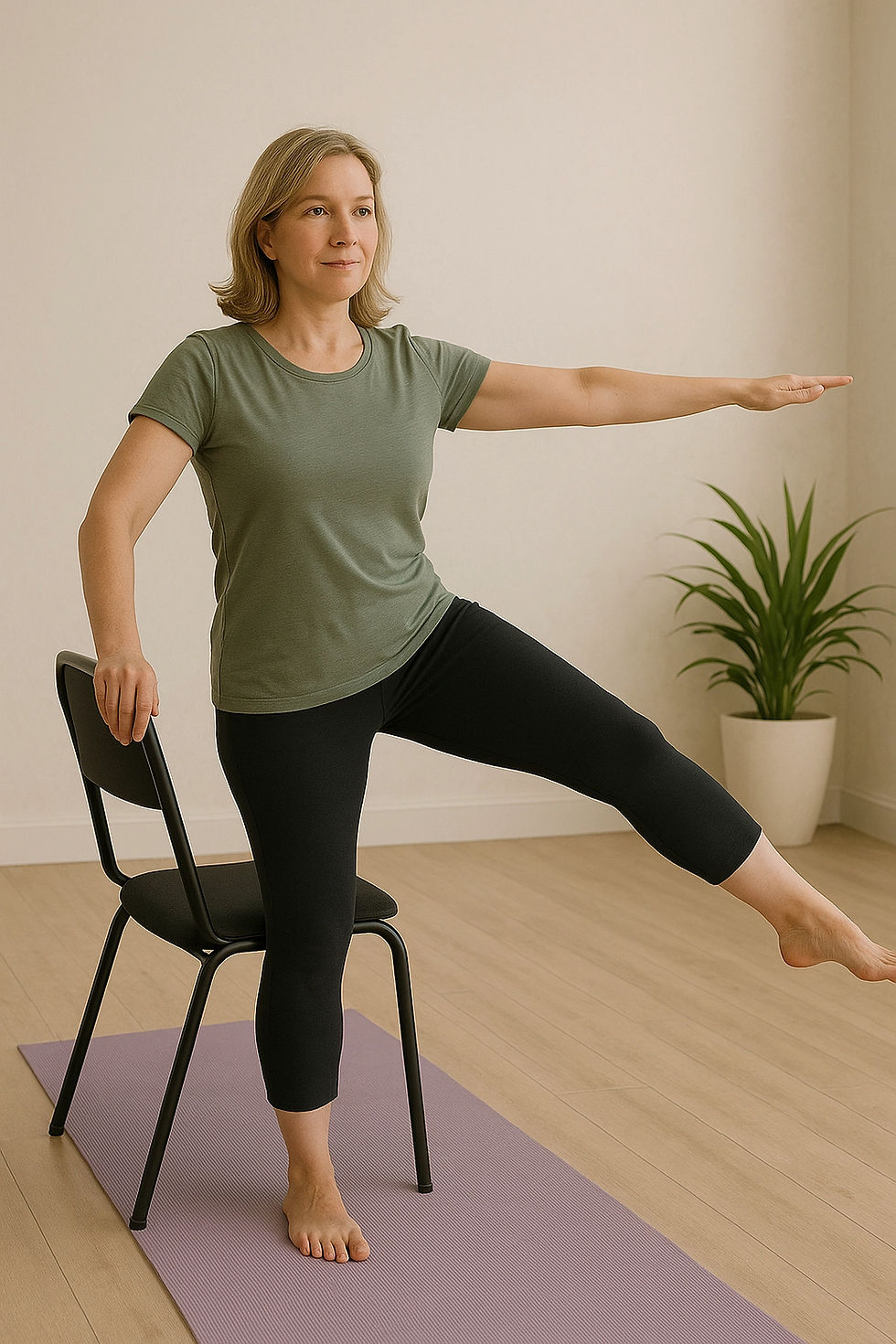 Woman standing performing yoga with a chair