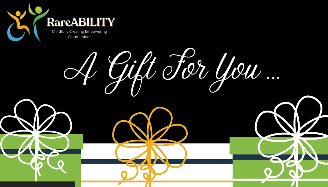Gift Card image with the Rareability logo, black base and some graphics with gifts on them