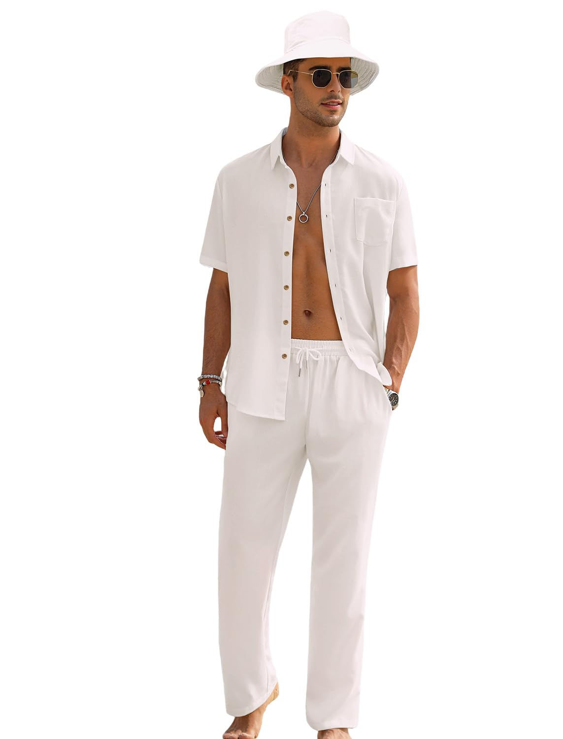 EISHOPEER Men Beach Outfits Short Shirt and Long Pants Casual Linen Sets Beach W