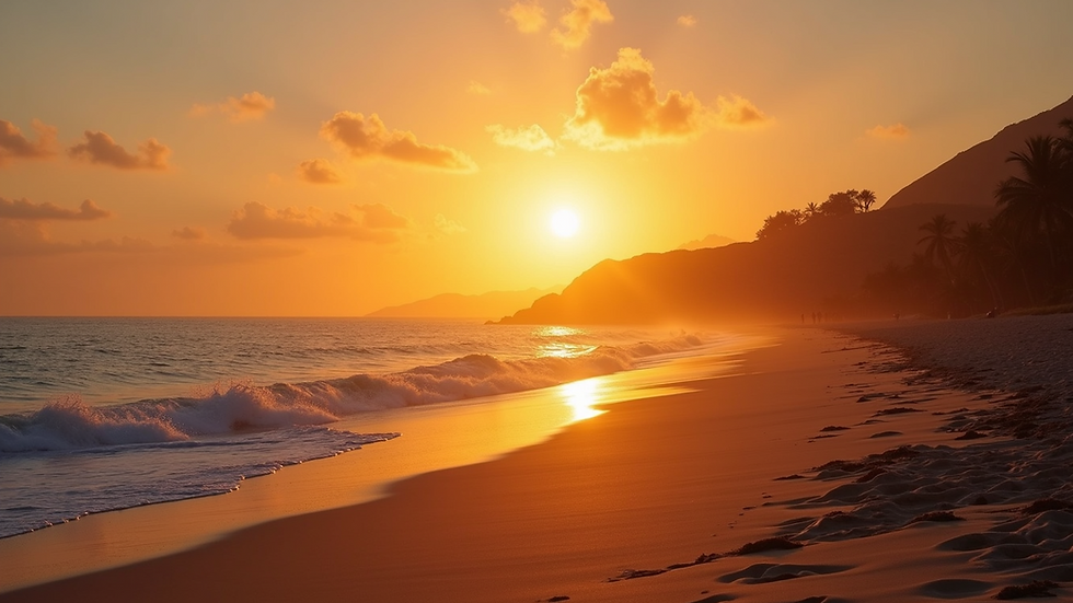 Wide angle view of a sunset casting golden hues over a beach