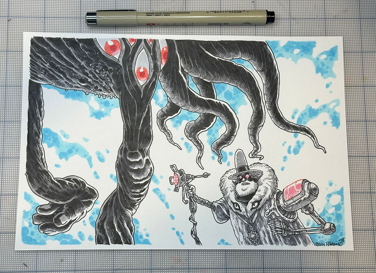 Pen and Ink Sketch: Techno Wizard Algaerith and the Oculoid Beast