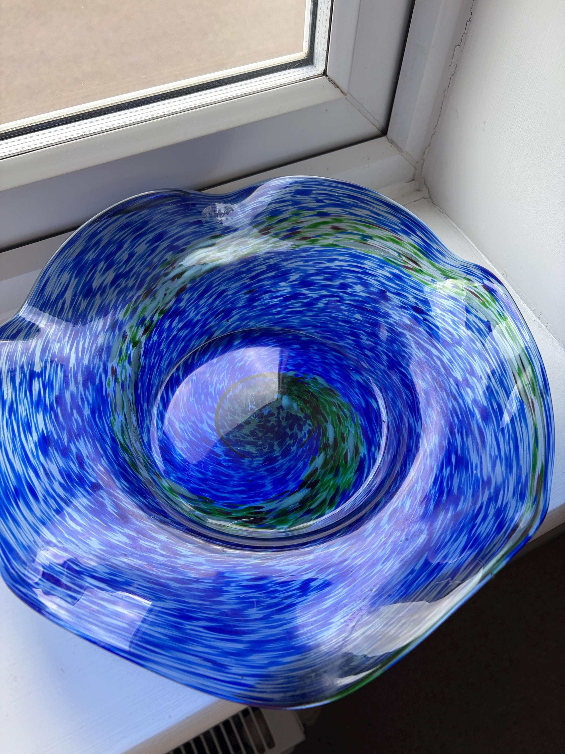 Vintage Blue Studio Art Glass Bowl Hand Blown Freeform Dish Murano Style 18.5cm