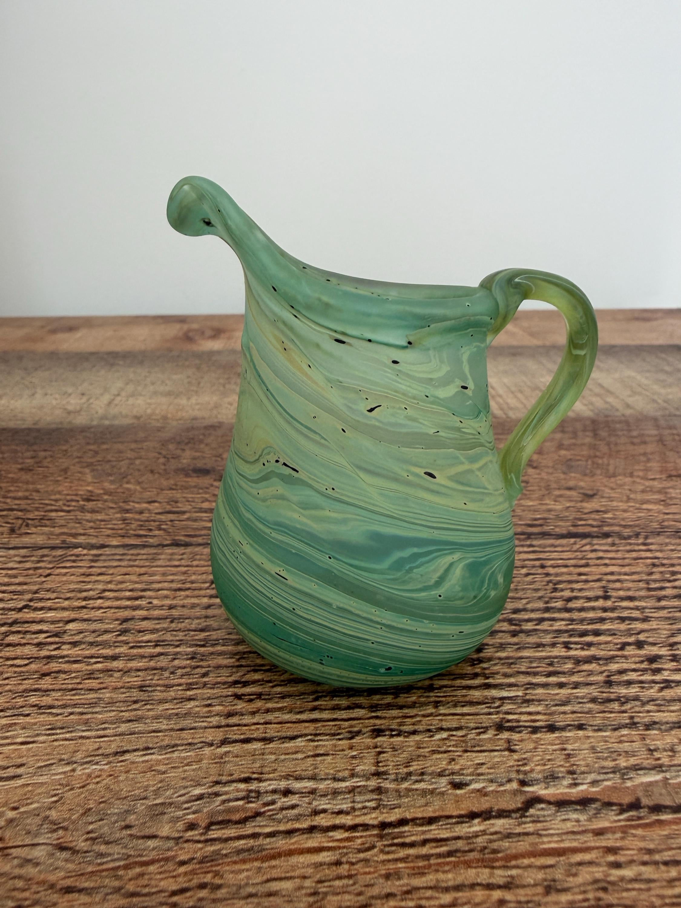 Vintage Phoenician Green Marbled Art Glass Miniature Jug Hand Blown 8.5cm