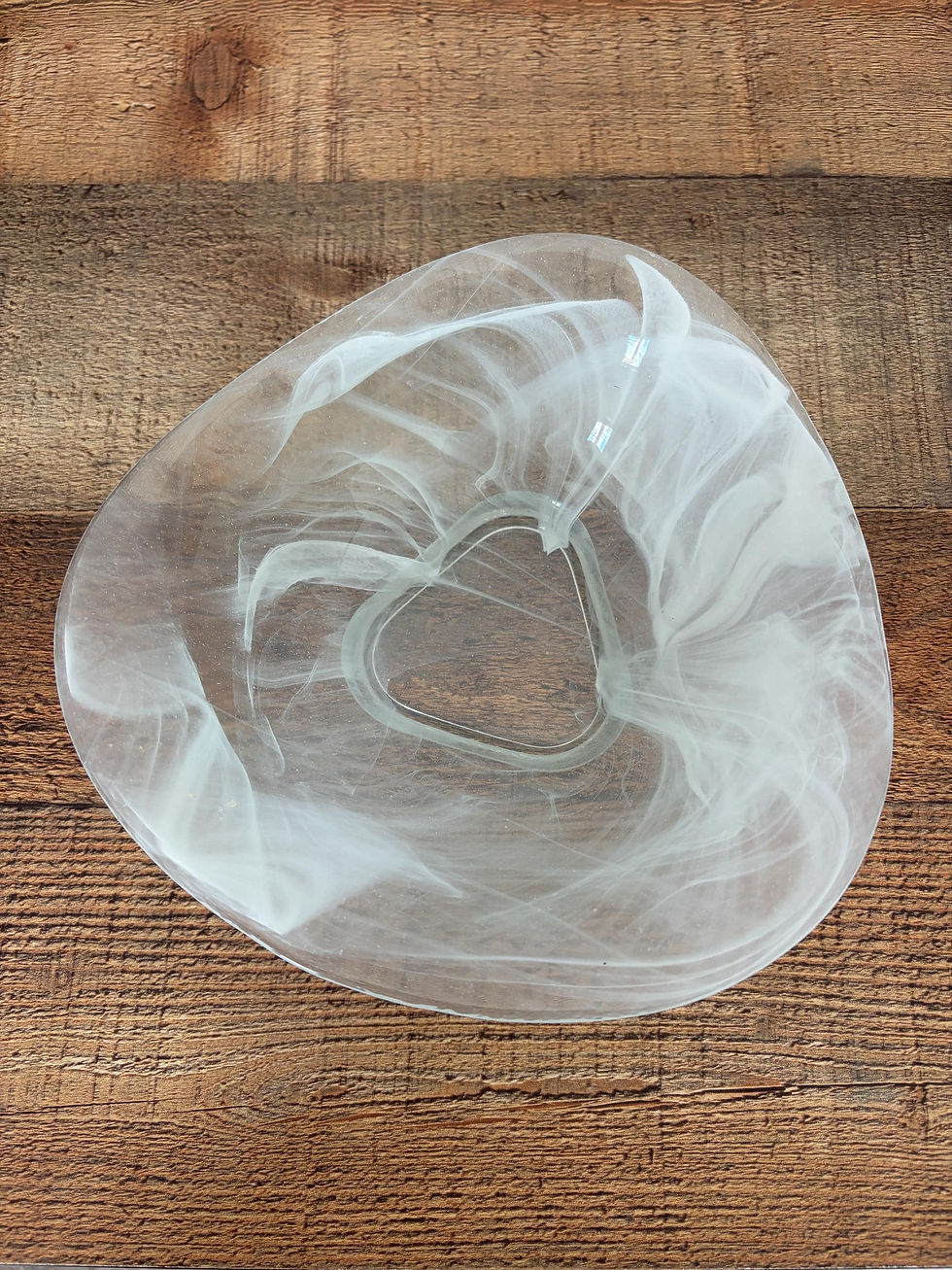 Vintage Studio Art Glass Bowl, White Swirl Cased Glass, Freeform
