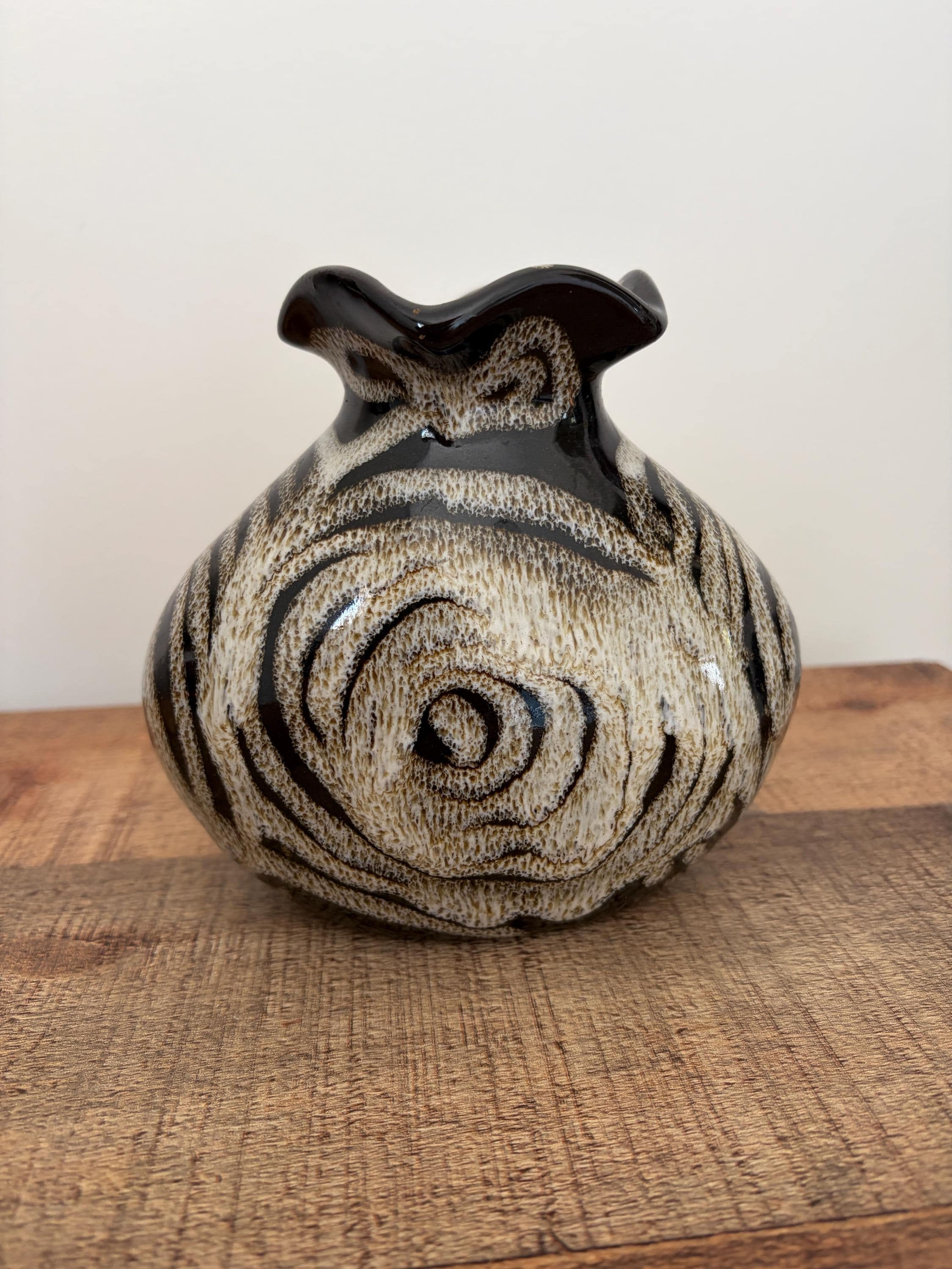 Vintage Studio Pottery Spiral Vase Brown Cream Textured Ceramic 1970s