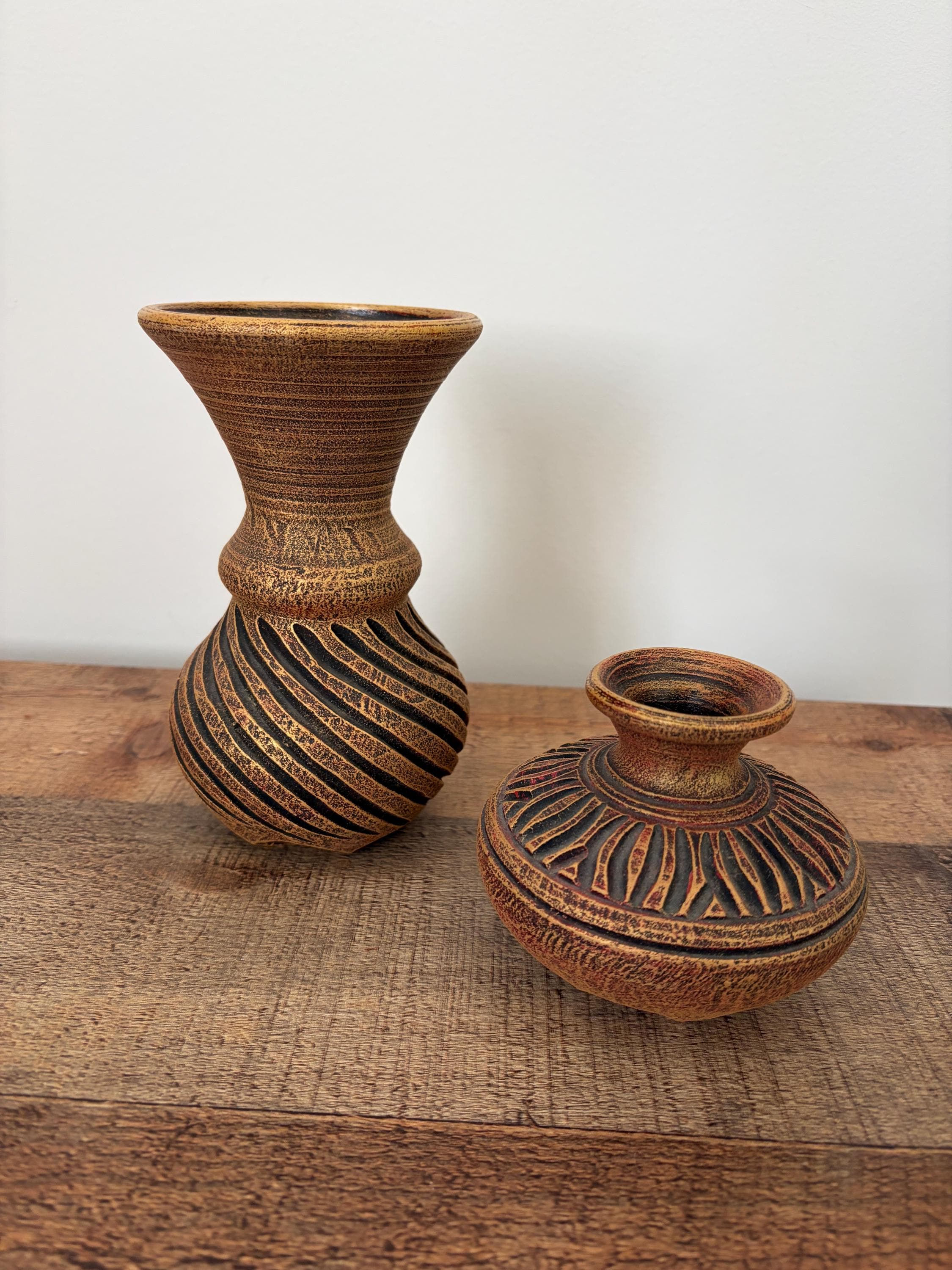 Vintage Studio Pottery Vases Pair Jamaica Sinclair Style Carved Stoneware