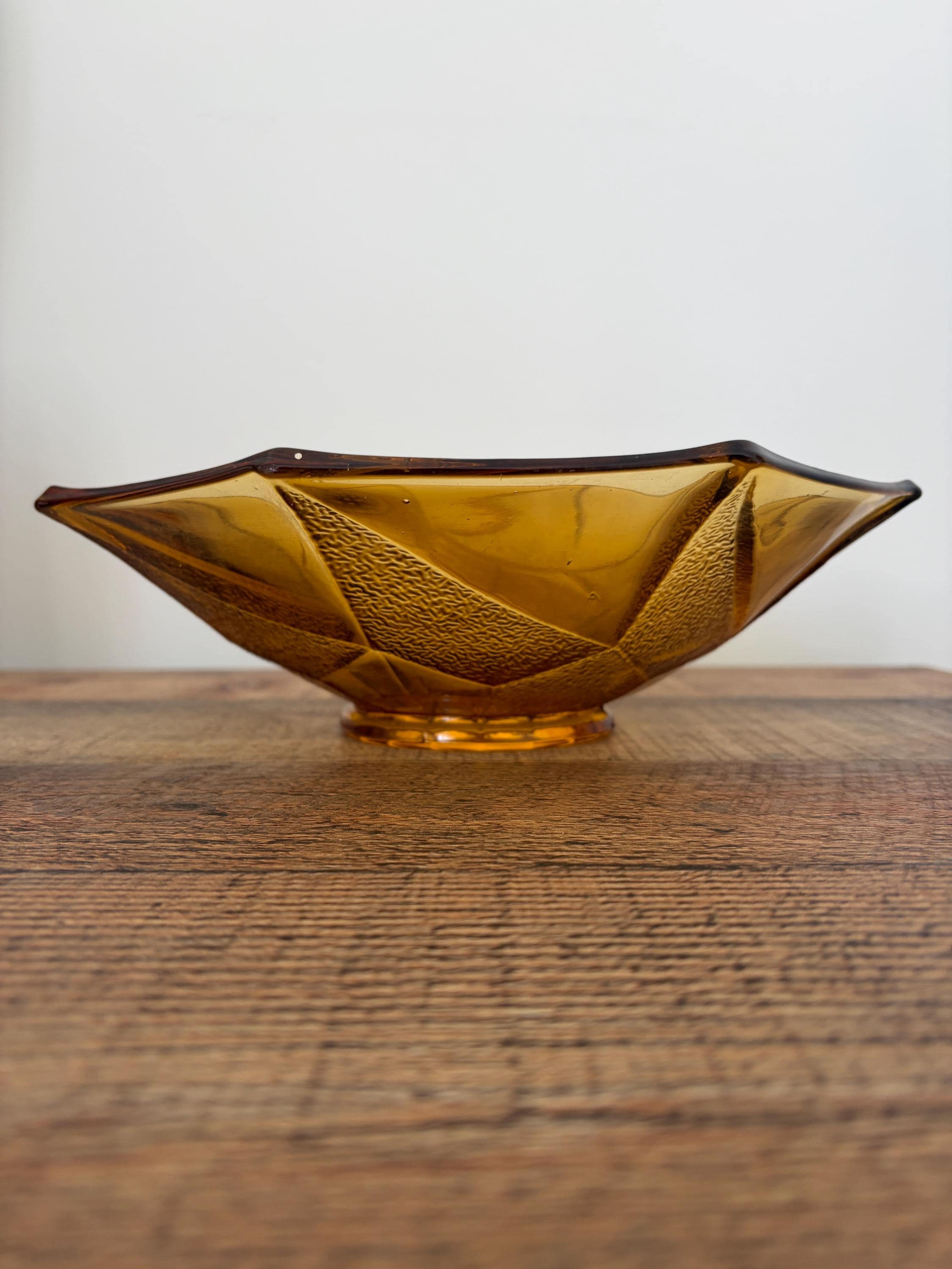 Vintage Amber Glass Bowl, Geometric Pressed Glass Mid Century Centrepiece