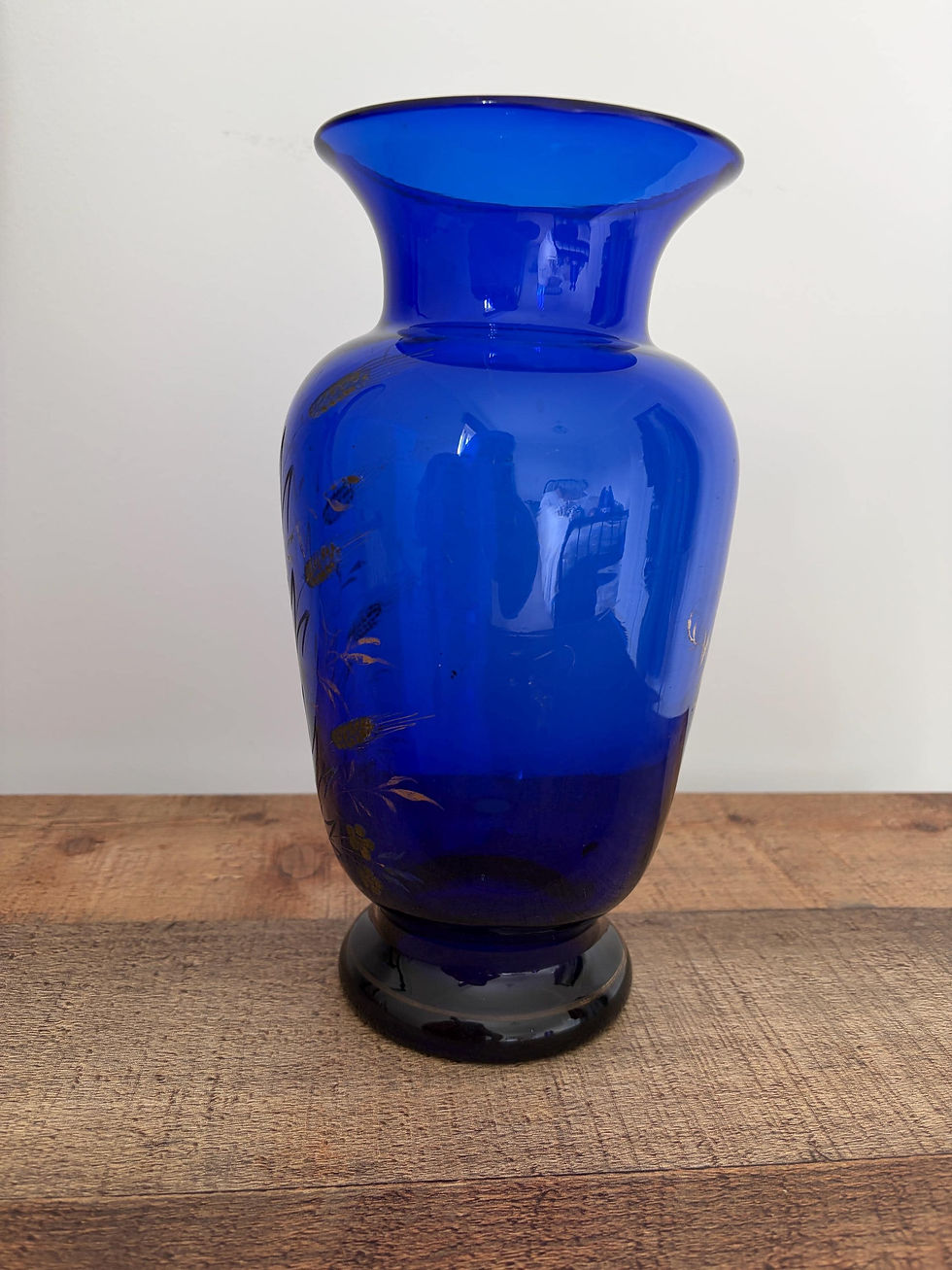 Vintage Bohemian Cobalt Blue Glass Vase, Gold Gilt Floral Czech Art Glass
