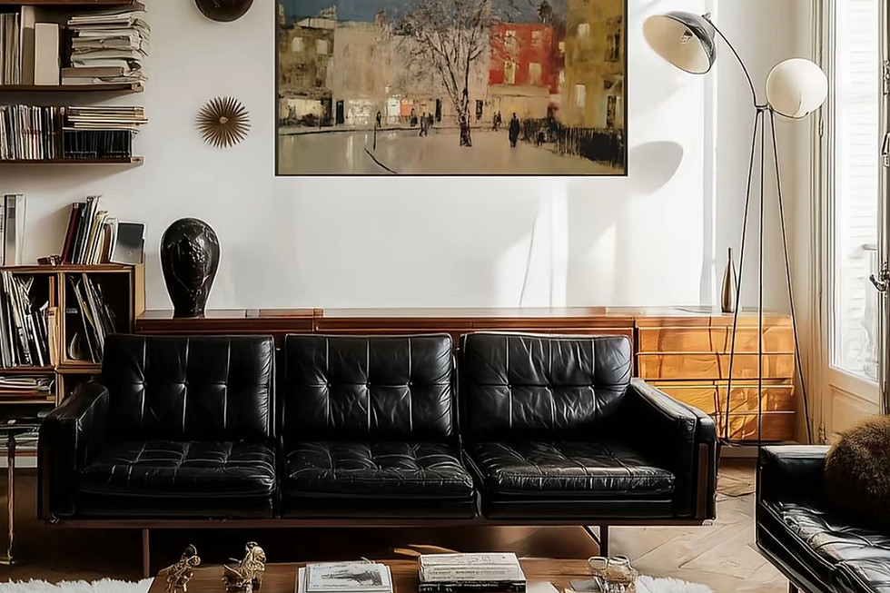 Living room with black leather seating, wooden shelving, framed artwork and a low coffee table