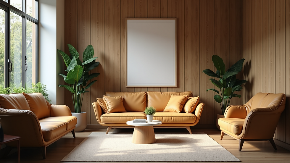 Eye-level view of a cozy waiting area with comfortable seating and plants