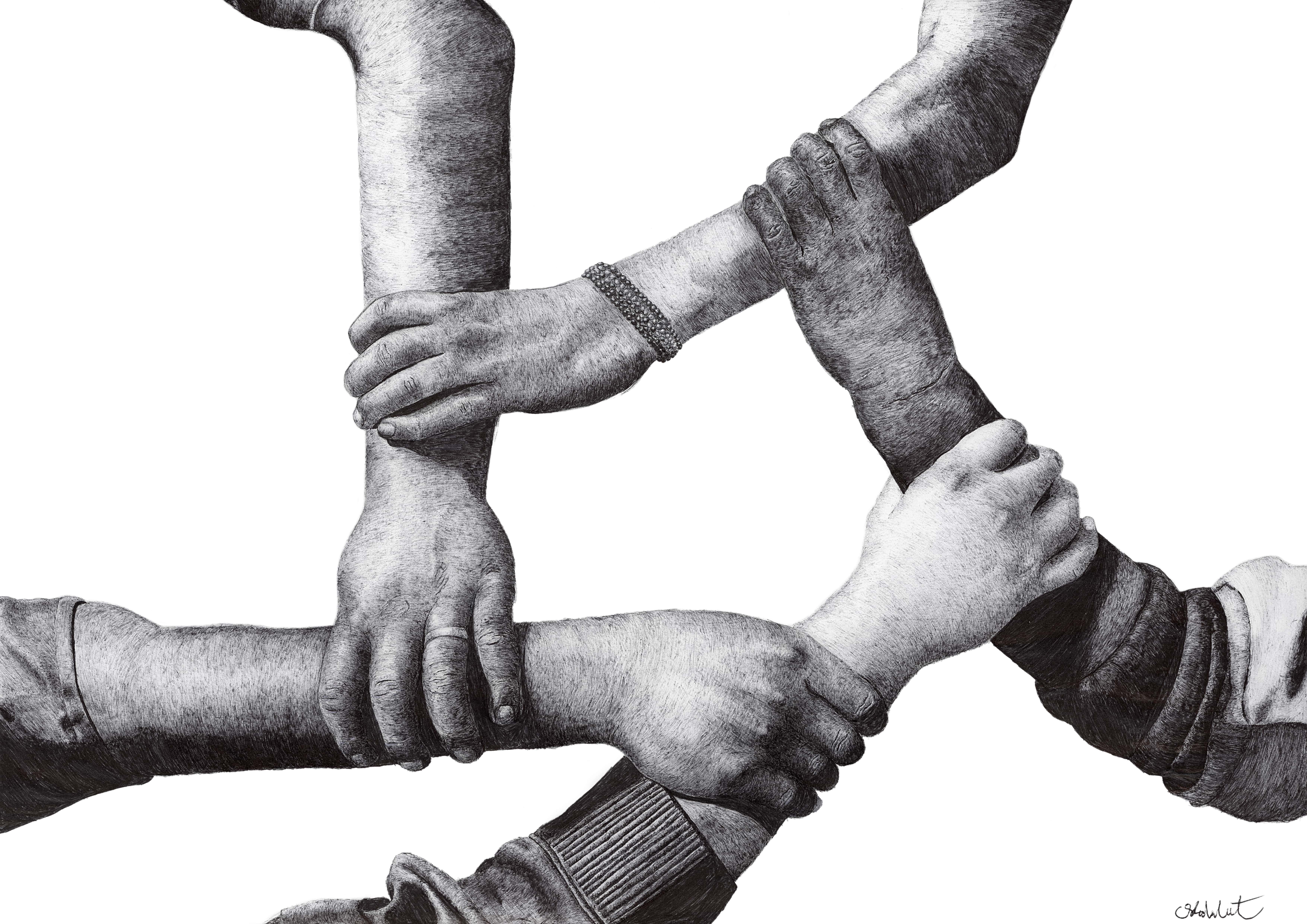 Ubuntu by Chrismarie, depicting interlocking hands in ballpoint pen