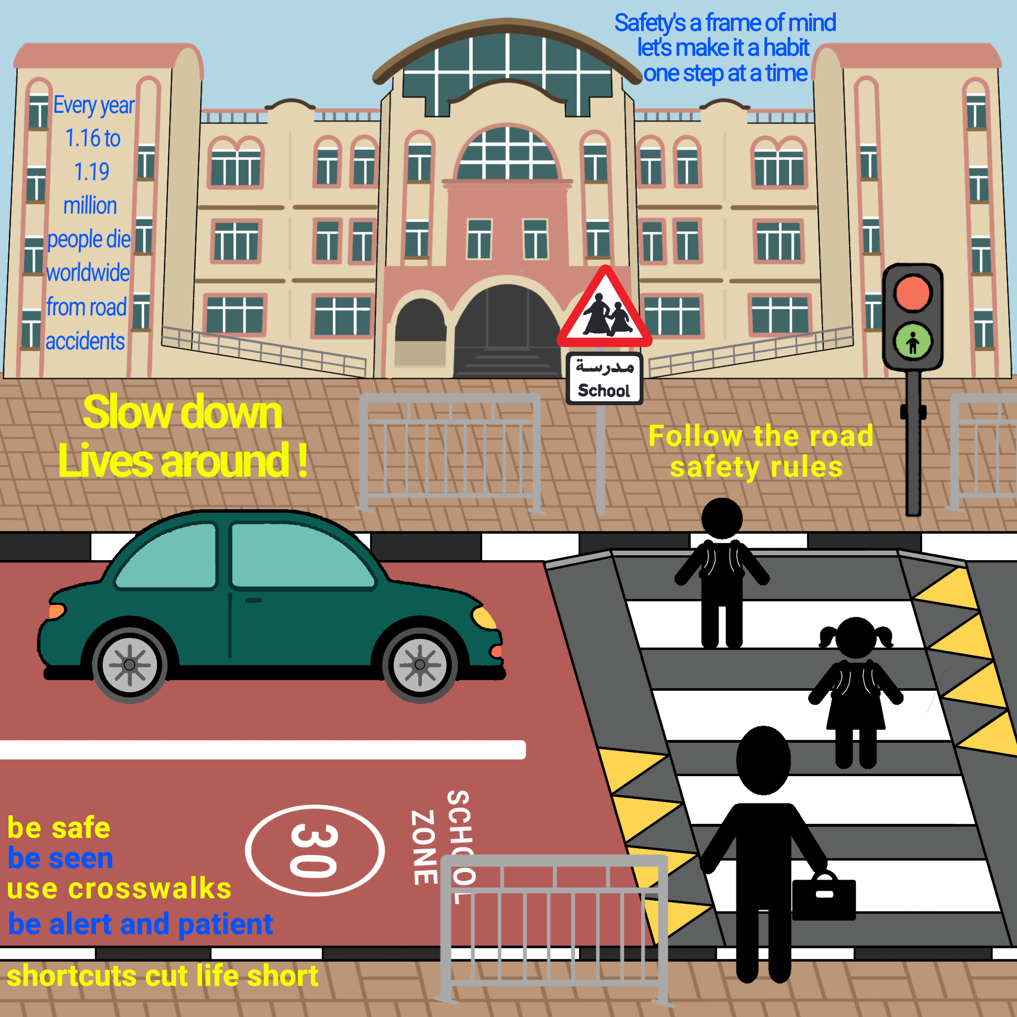 Road Safety Awareness by Lubabah Khan - digital illustration of a city street with pedestrians
