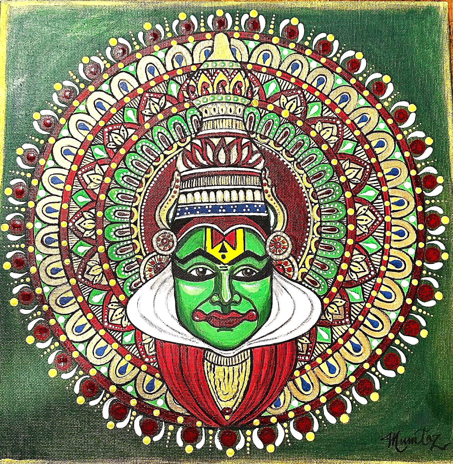 Kathakali Mandala by Mumtaz Firoz, featuring a vivid green face of a Kathakali dancer