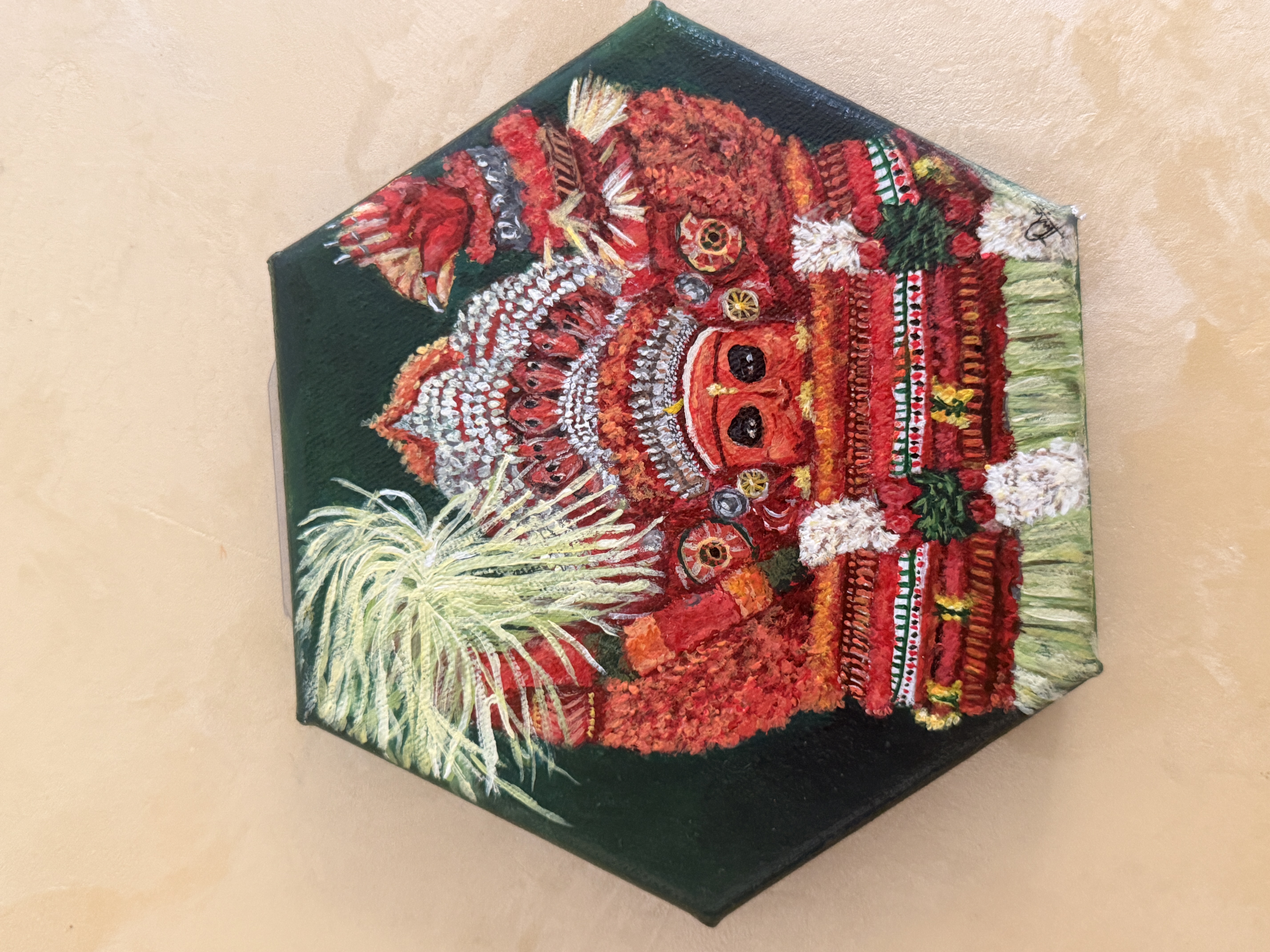 Acrylic on canvas by Thriveni Rajesh, vibrant depiction of Theyyam performer