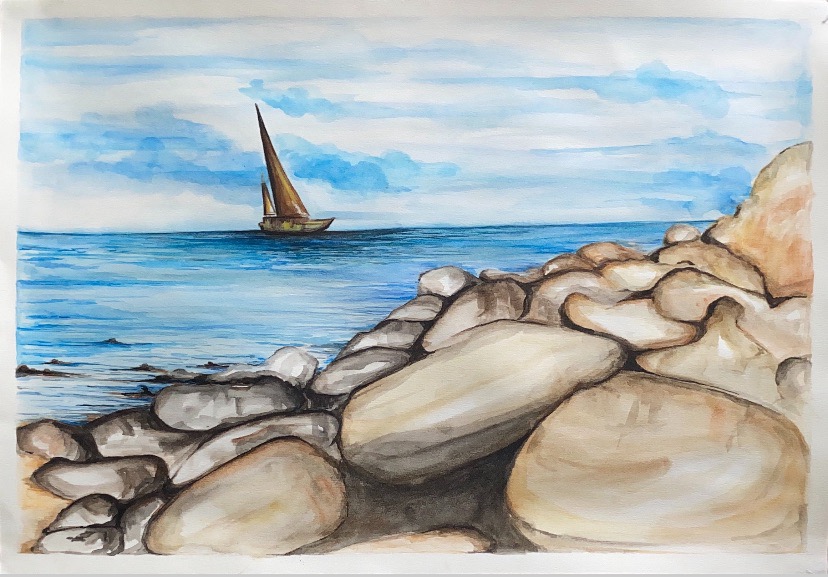 COASTAL STILLNESS by Sabeeha Aslam, depicting serene rocks and calm sea