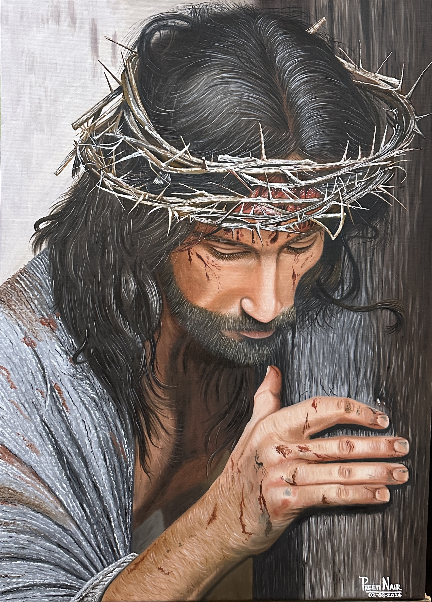 Jesus Christ Oil Painting on Canvas by Preeti Rajeev Nair depicting a solemn figure