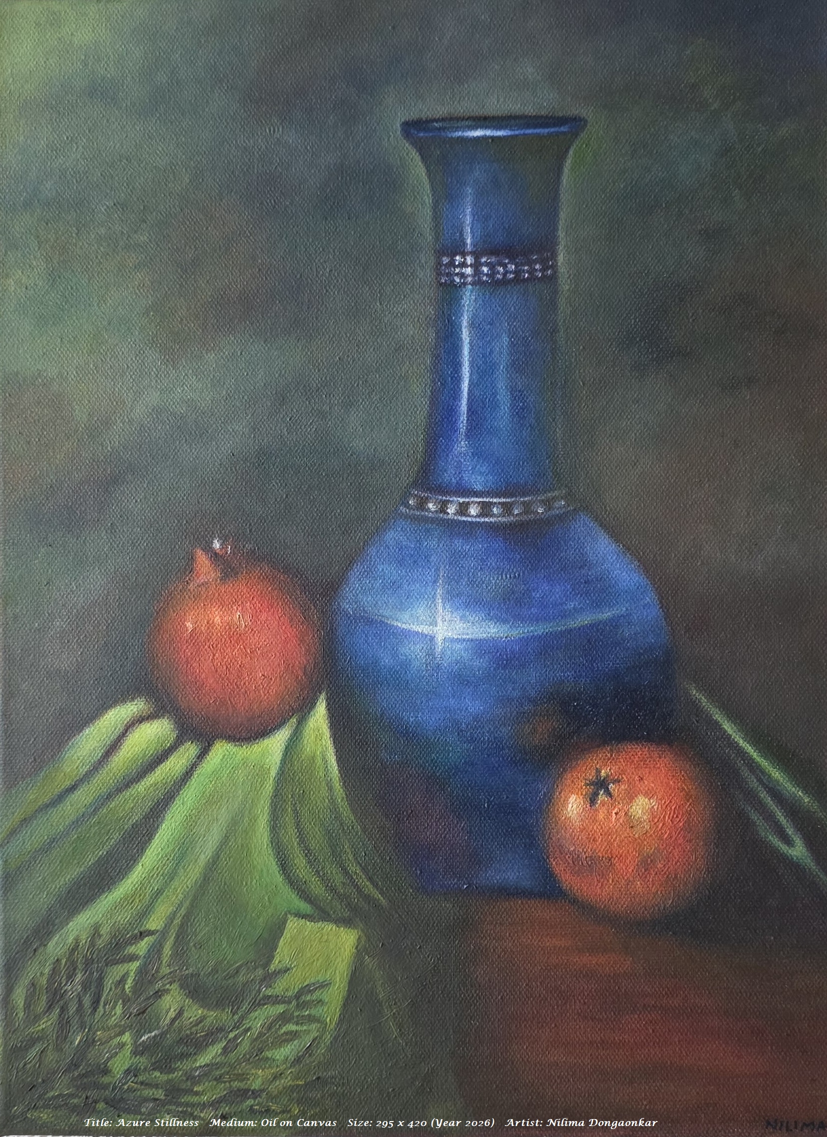 Azure-Stillness by Nilima Dongaonkar, still life with blue vase and pomegranates