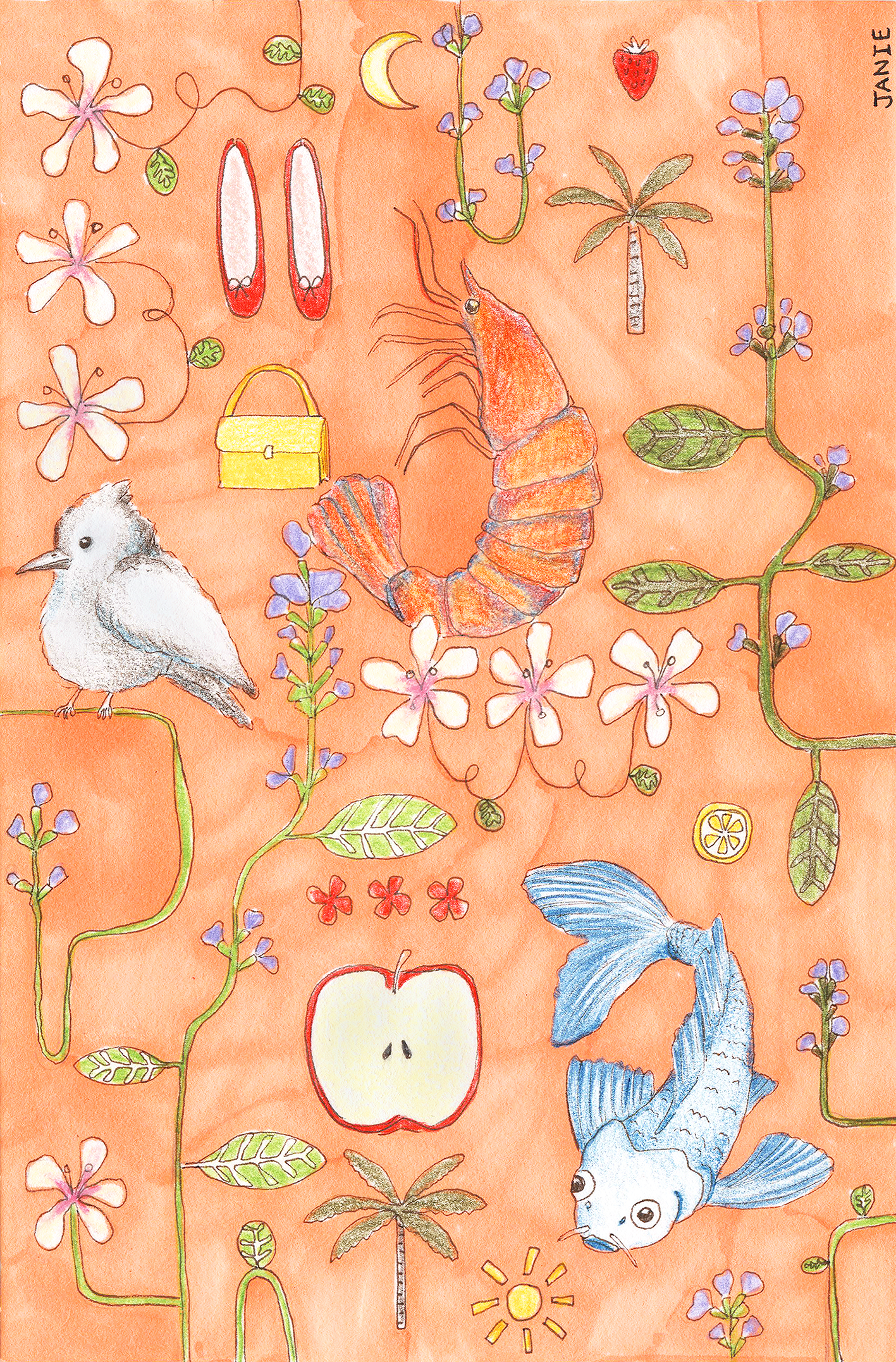Orange dreamland by janie Heyns, whimsical scene on orange background