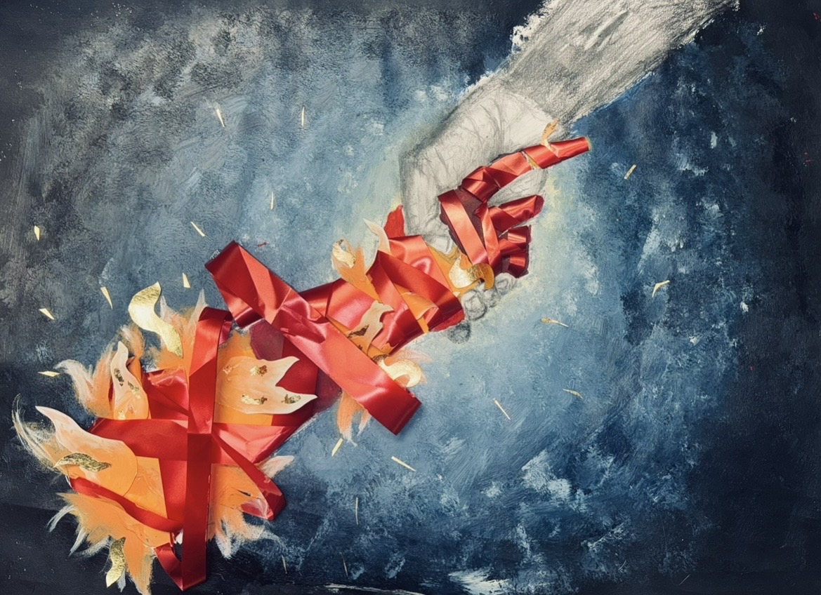 The Hand that unravels by Lethokuhle Msimango, extended hand with red ribbon