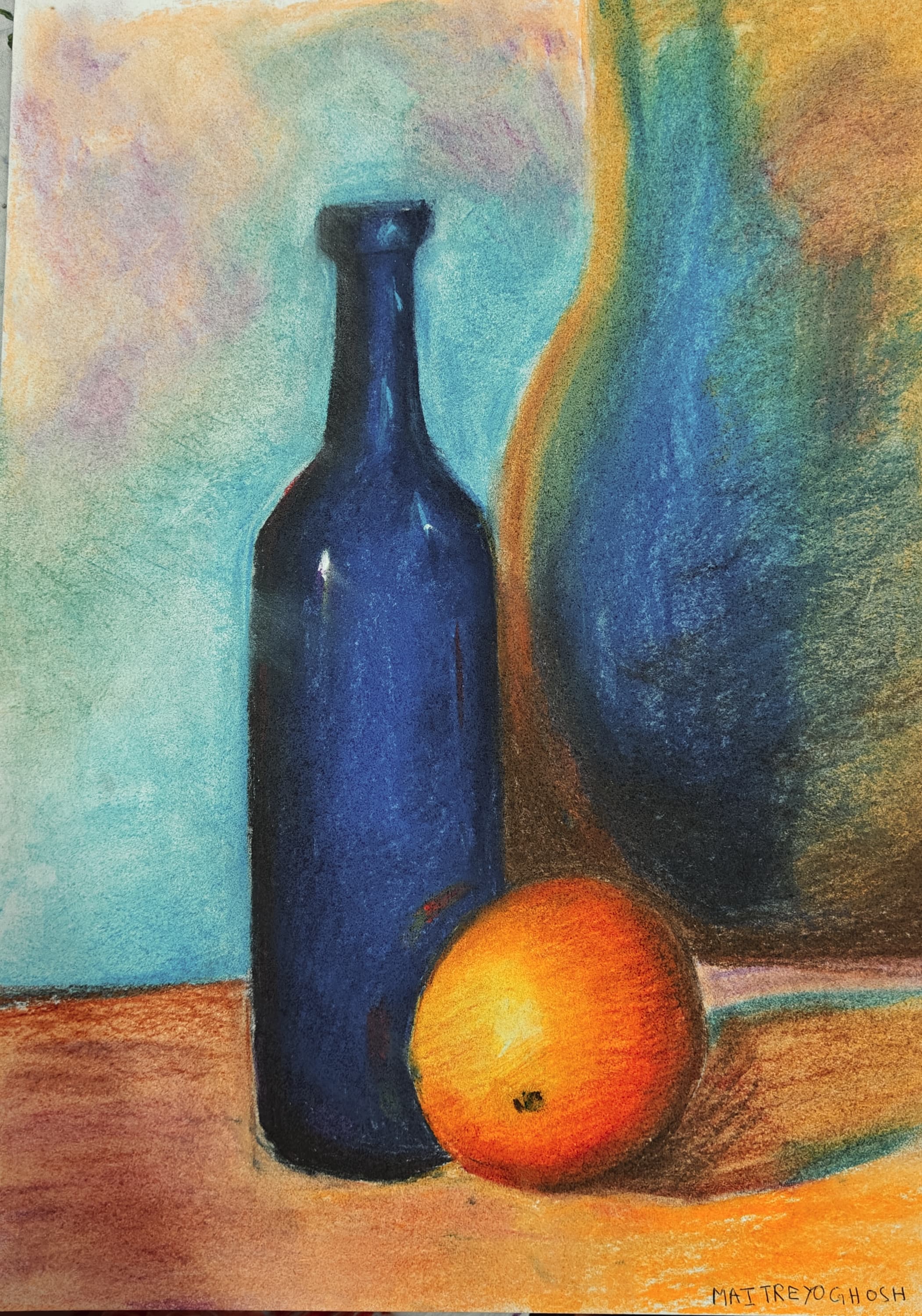 Lonely Story by Maitreyo Ghosh, still life with dark blue bottle and orange sphere