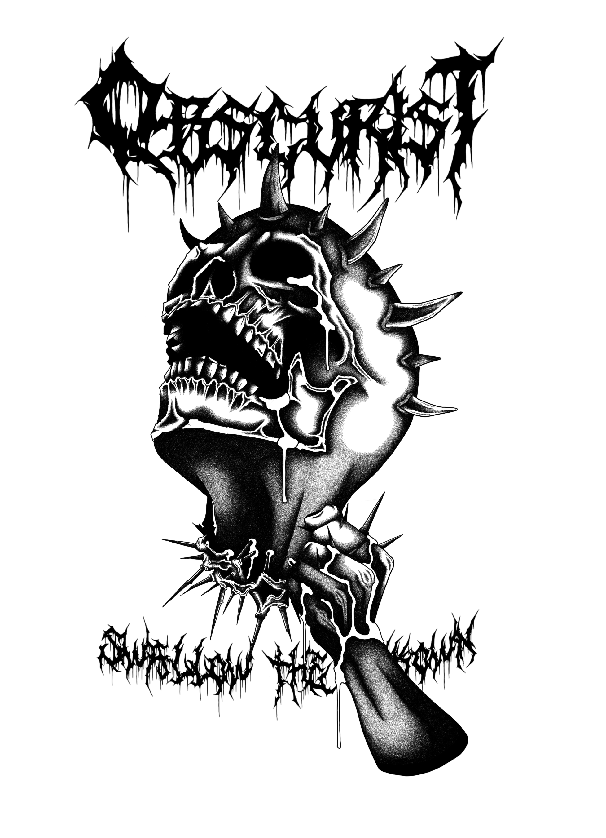 Depiction of Agony by Keaton Brown, featuring a dark skull-like figure with exaggerated teeth