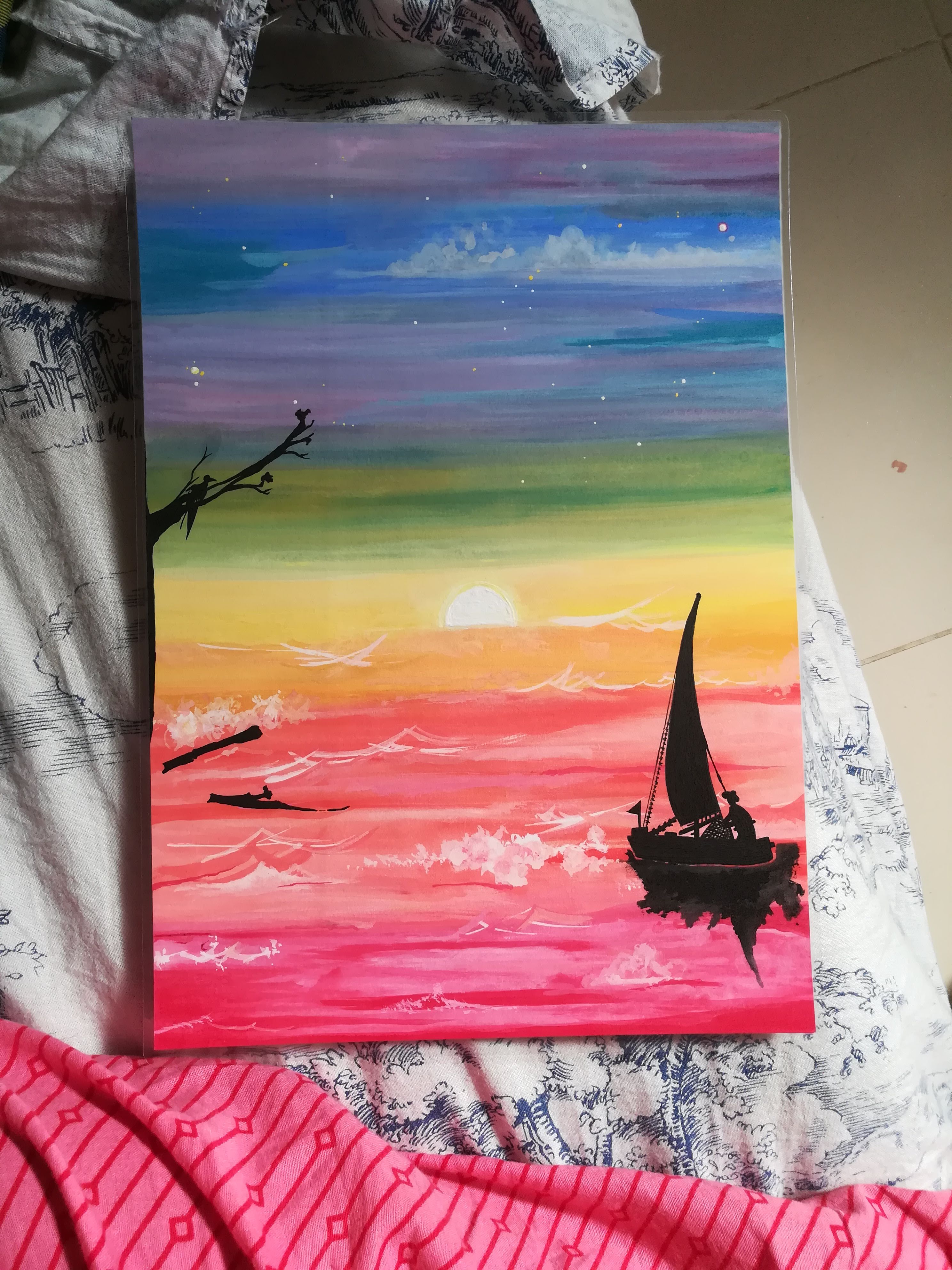 Rainbow Trout by Rakshanaa Rajanathan, a vibrant seascape at sunset