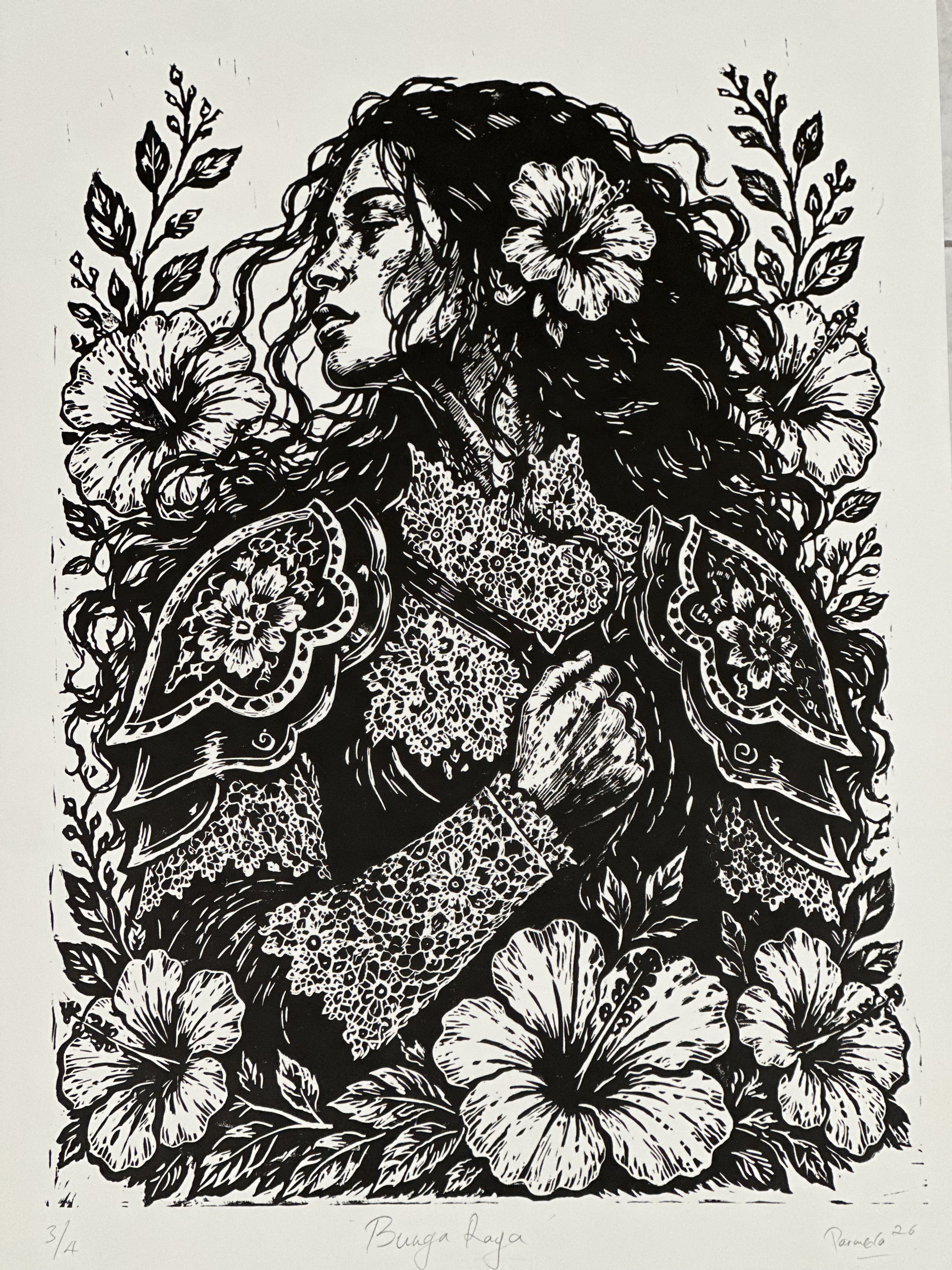 Bunga Raya by Parmela Vijayan, female figure with hibiscus flowers