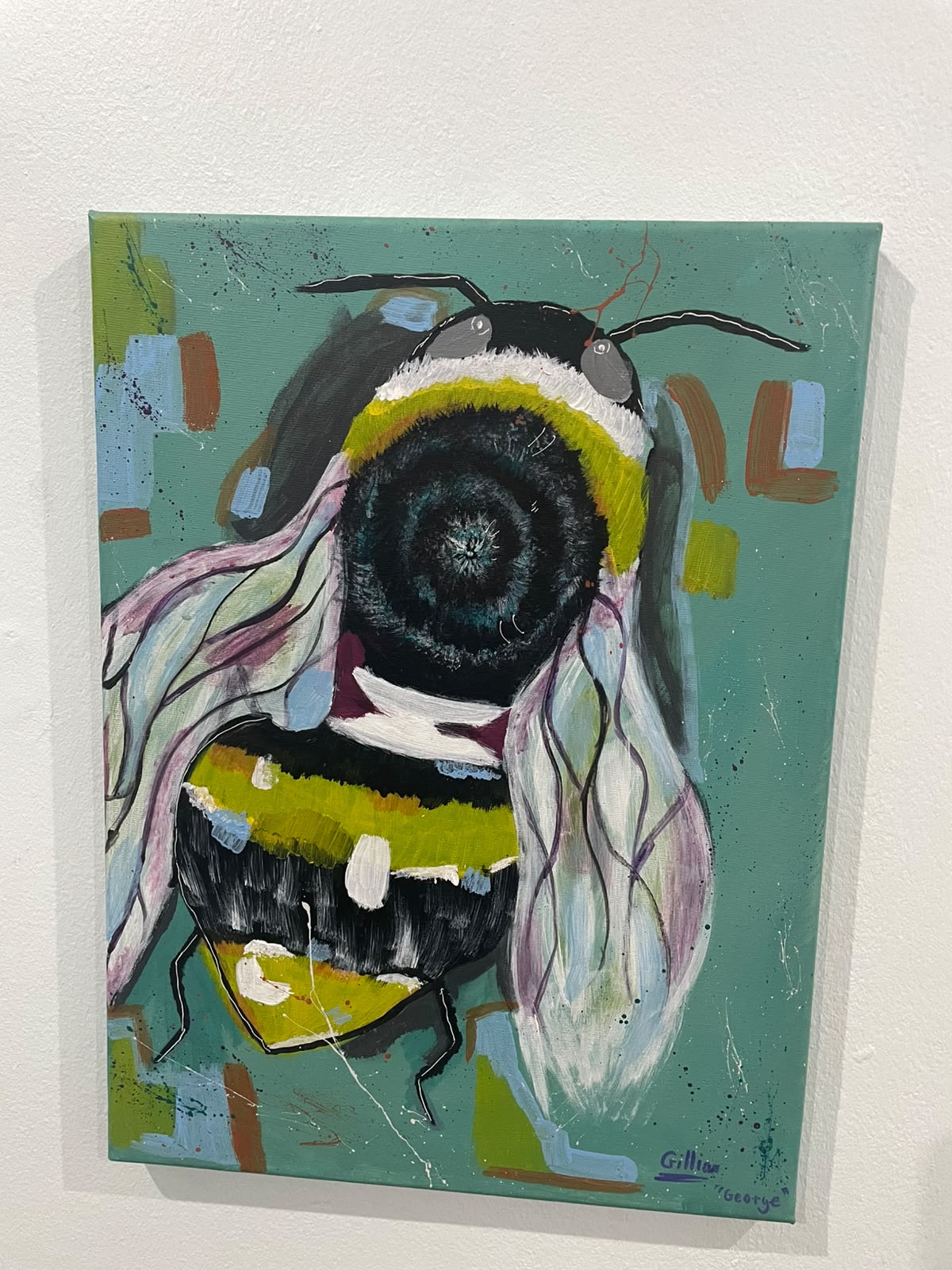 The Lazy Bumblebee by Gillian van den Heever, vibrant bumblebee on turquoise