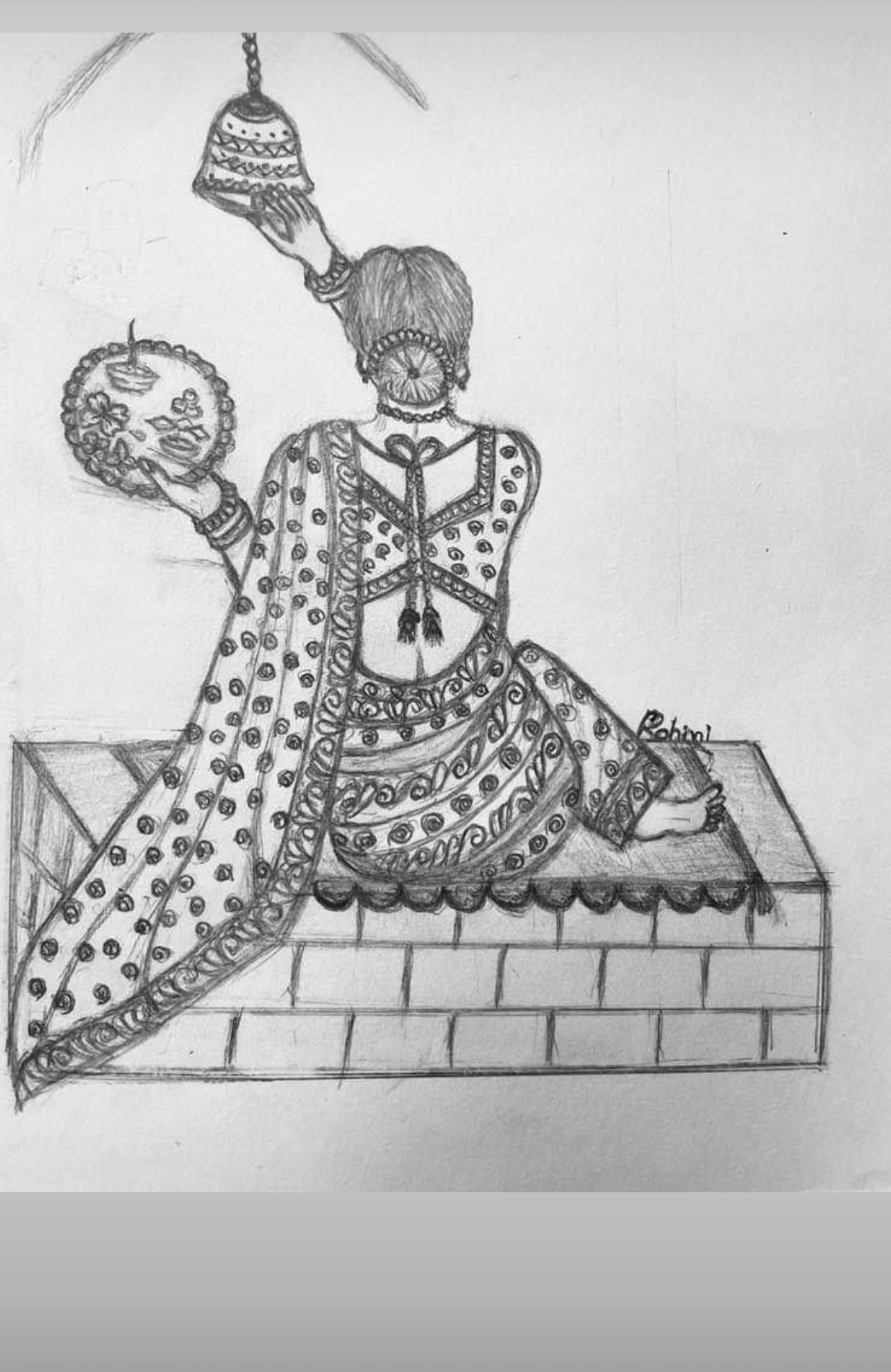 Praying woman by ROHINI BHATHELA - woman in decorated saree