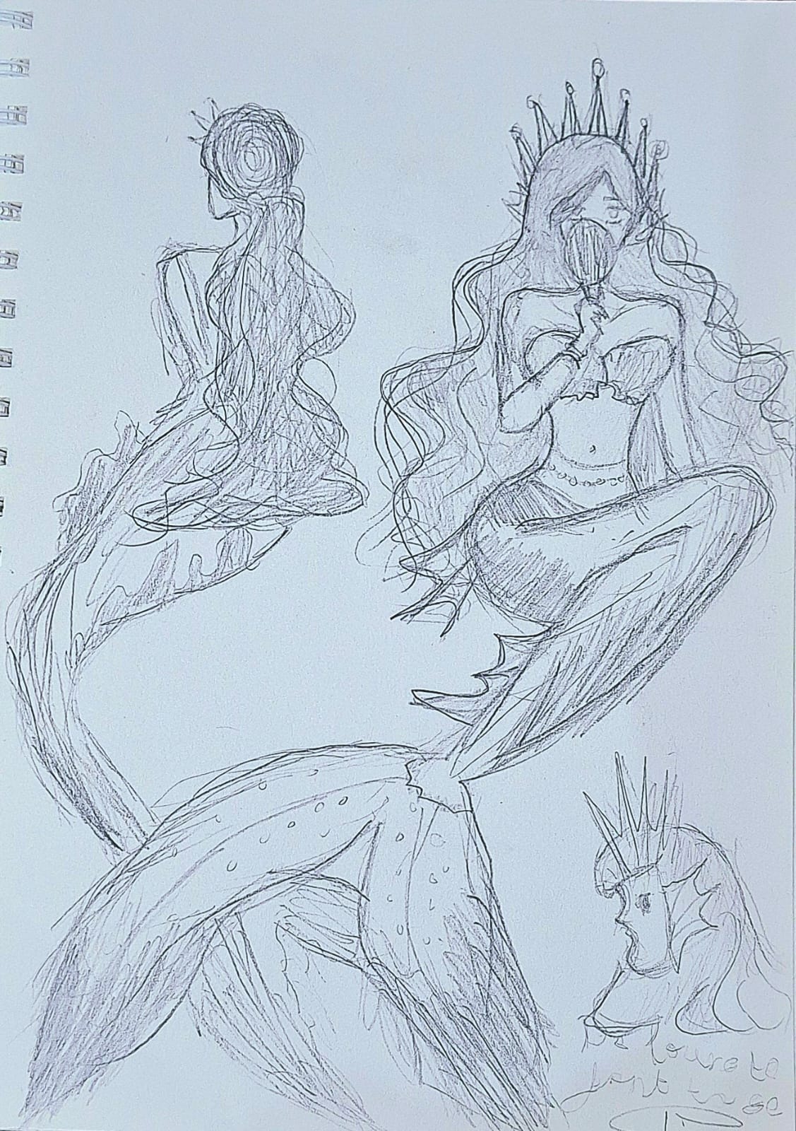 Sketching: Pencil/colored pencil drawings by FIZA KHAN, featuring detailed mermaids