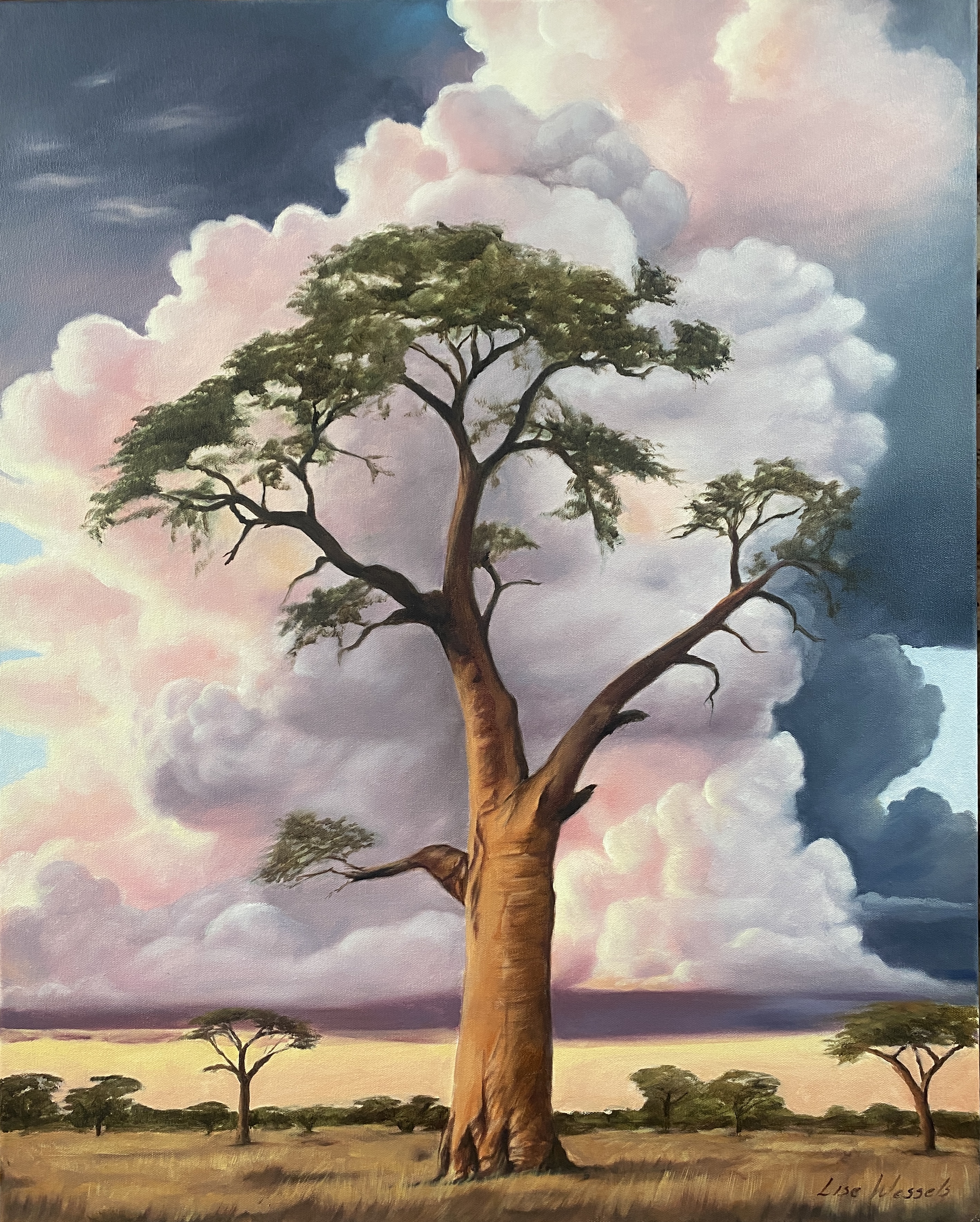Strength before the storm by Lise Wessels, featuring a commanding tree in a vast landscape with dramatic clouds