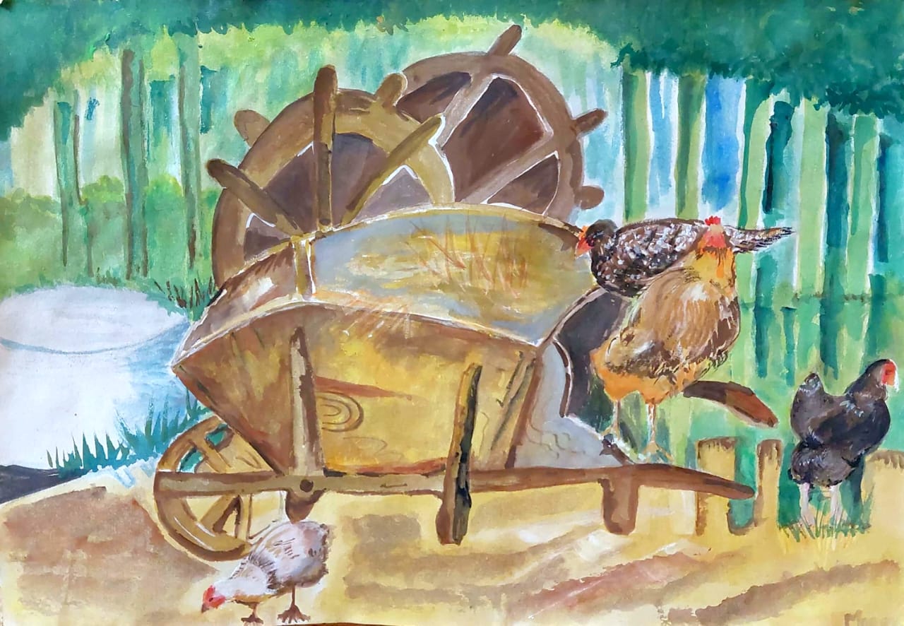 The Broken Cart by Maria Adnan, depiction of a broken wooden cart with chickens