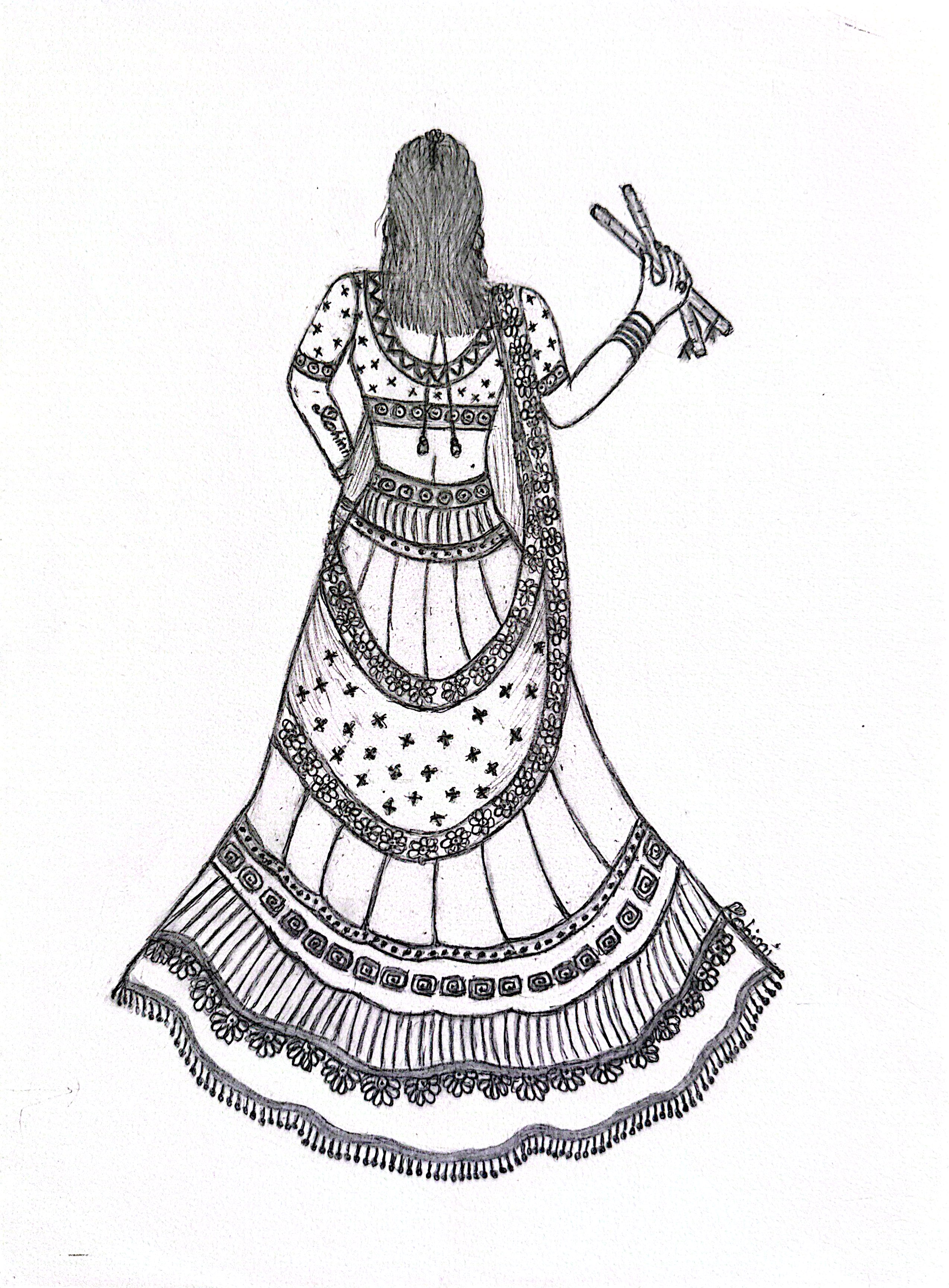 Scatch by ROHINI BHATHELA, black-and-white sketch of a woman in traditional Gujarati dance