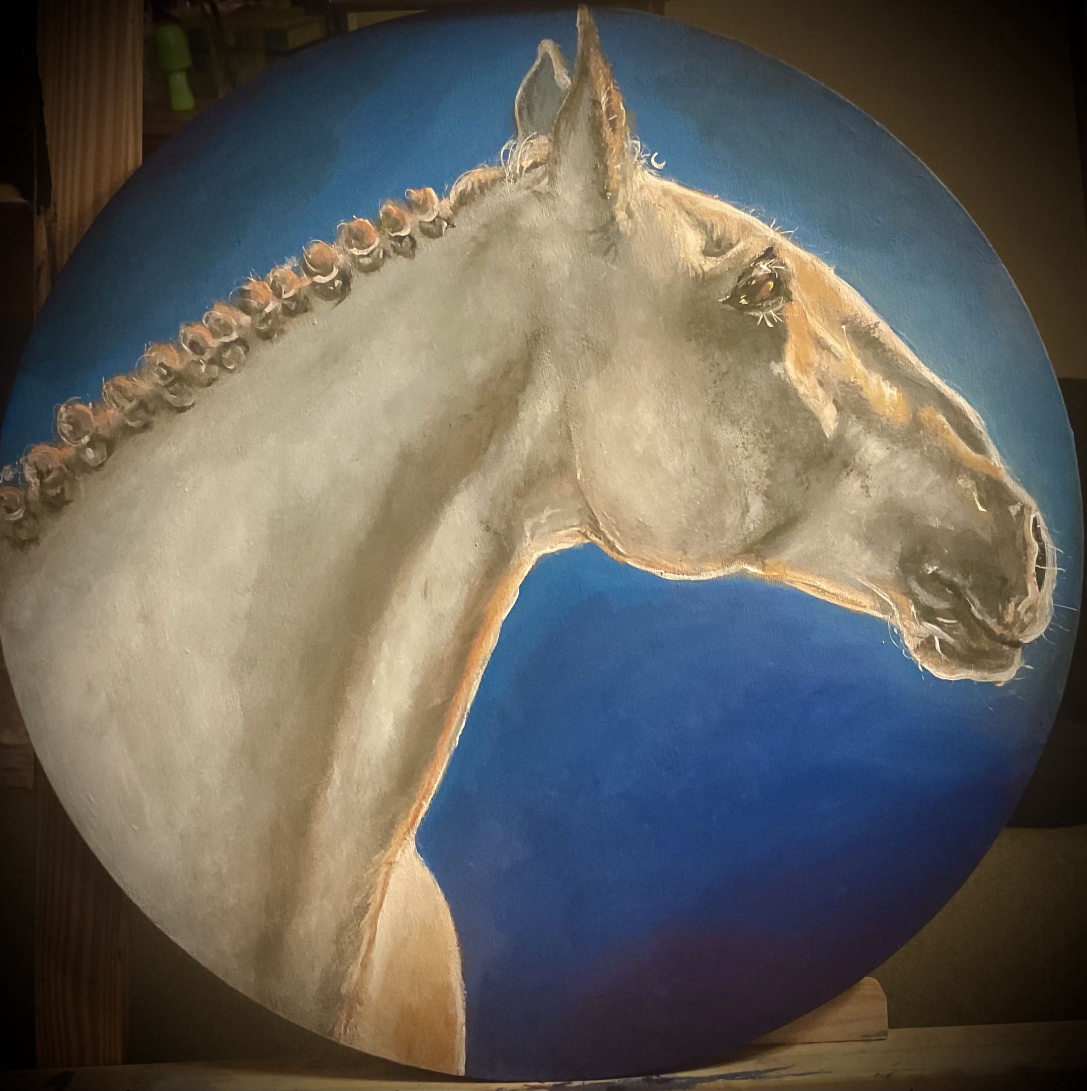 Dusty by Nicole Marneweck, a white horse portrait with braided mane on a circular canvas