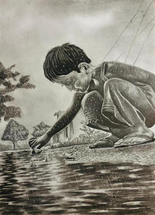 Before Technology by Brenon Fernando, young boy with paper boat near water