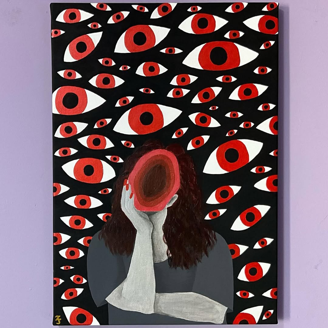 Surrounded by Eyes by Zahra Soltani, figure with dark hair and eyes in background