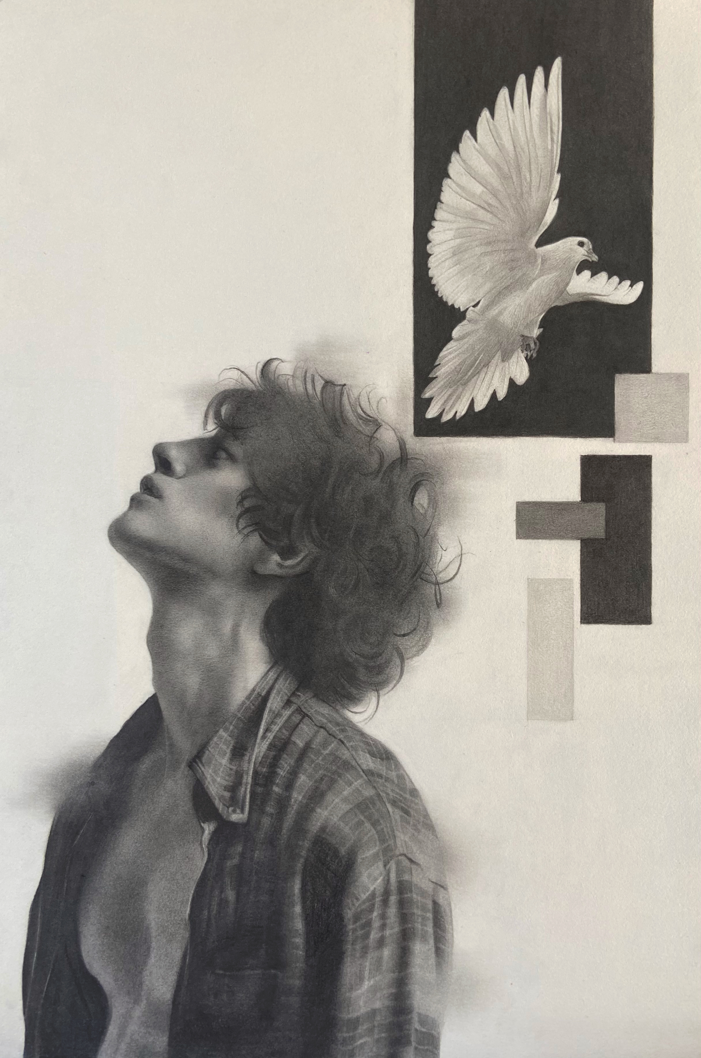 Finding peace by G. M. Chamara Fernando, grayscale with young man and dove
