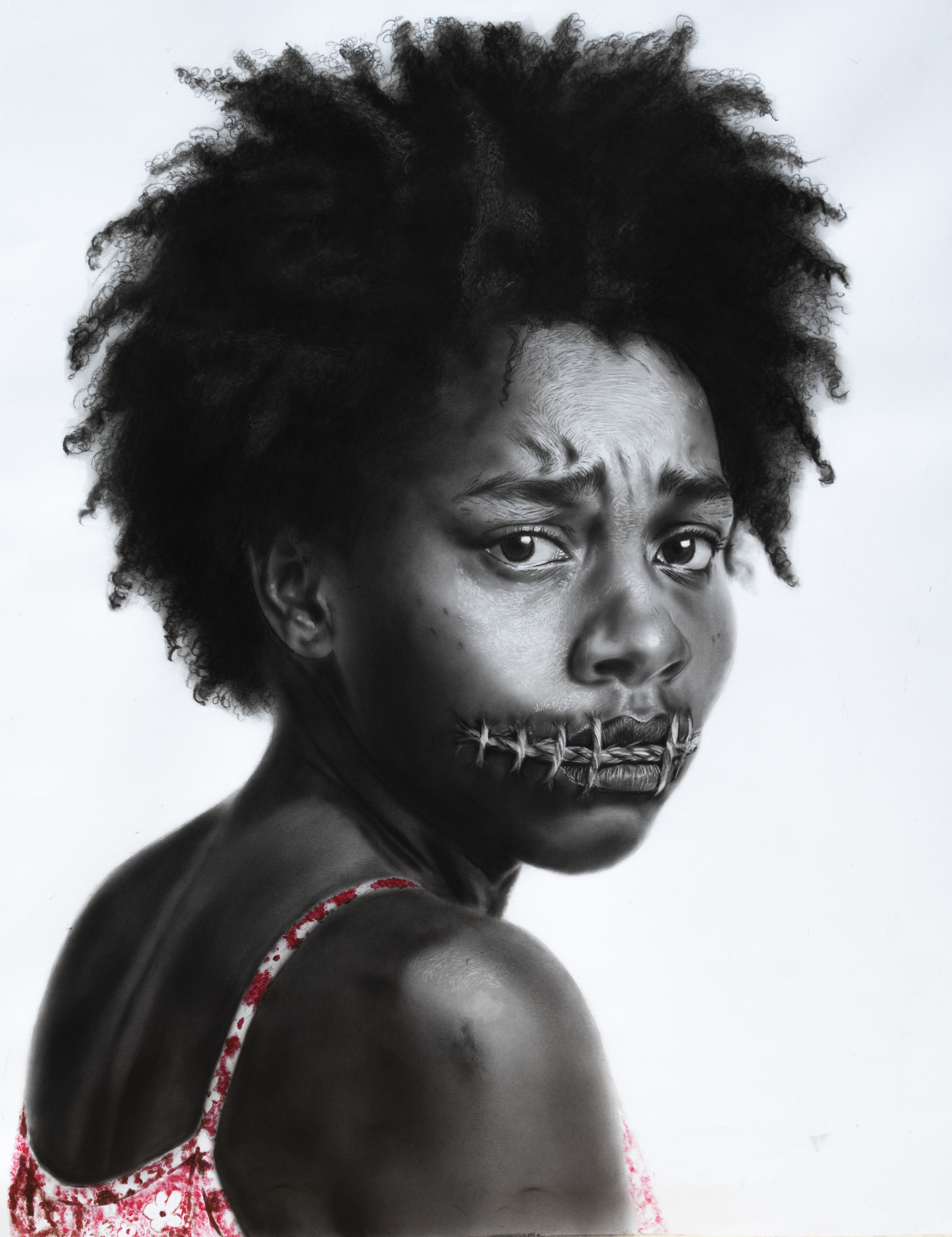KNOTS OF SILENCE by Rosebell Njuki, realistic portrayal of a young girl with textured skin