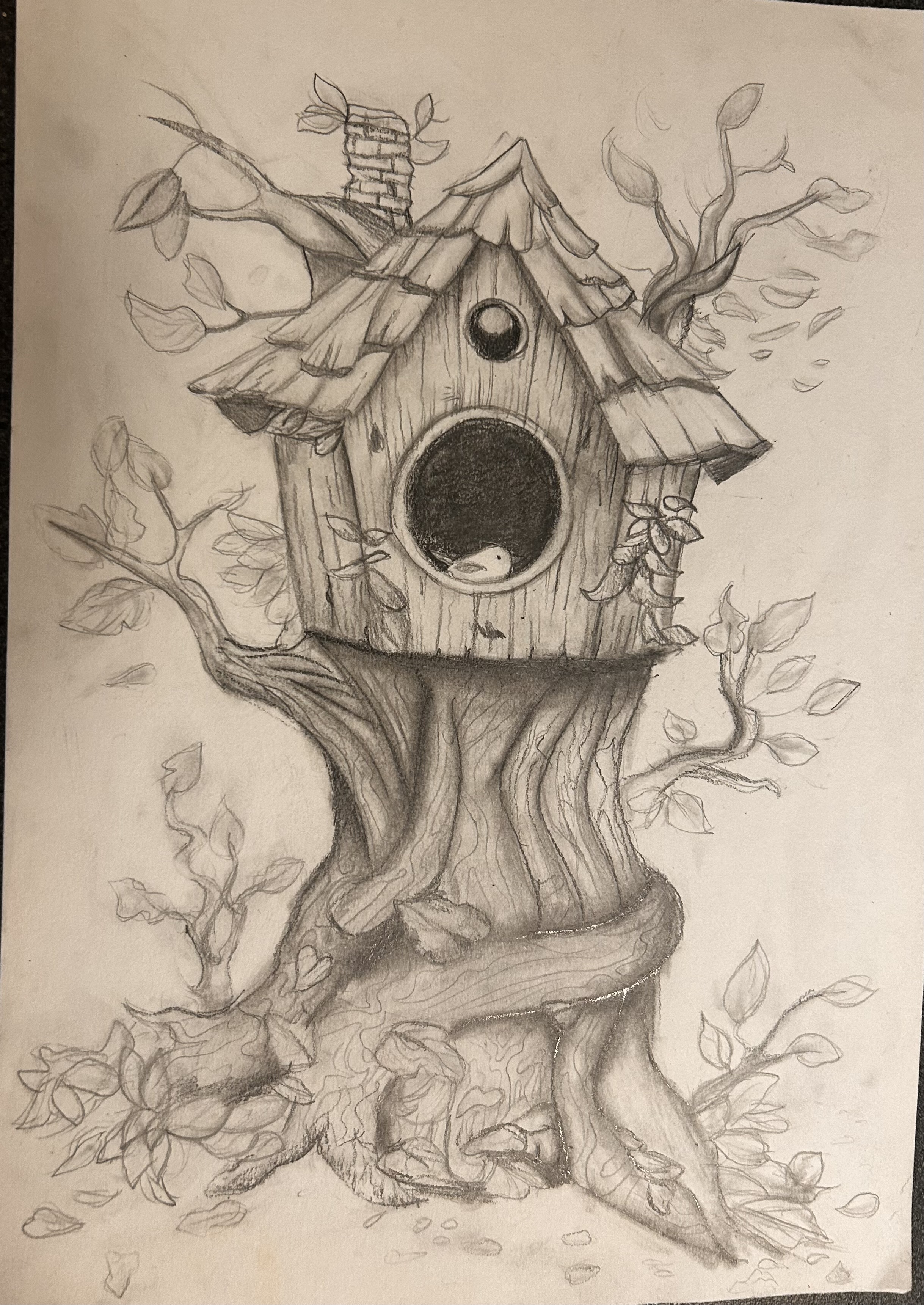 The tree house by Lily Mehta, featuring a tree house in an old twisting tree with lively foliage