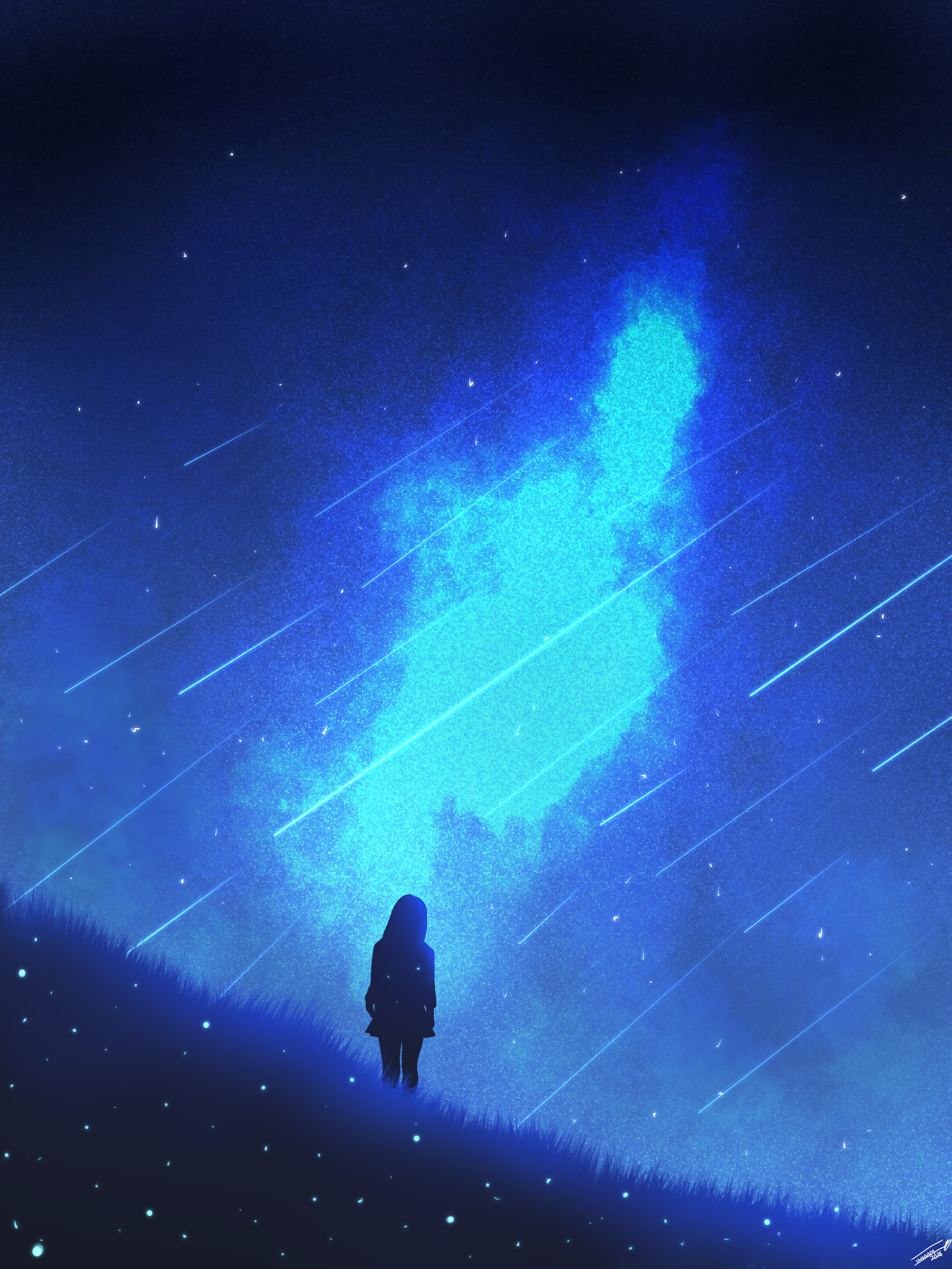 Where the sky learns her name by Ilhaam Ismail, girl in field silhouetted against starry night sky with fireflies